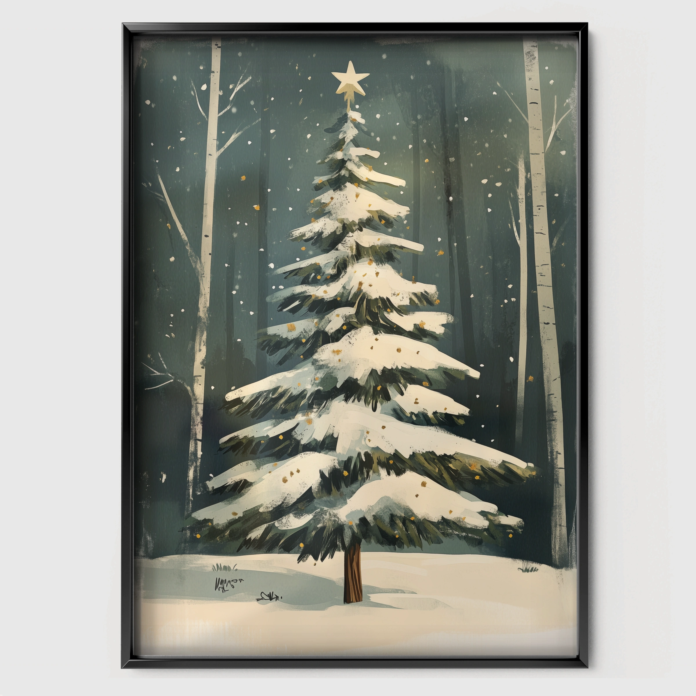Snowy Forest Tree Christmas Print - black framed nursery wall art print