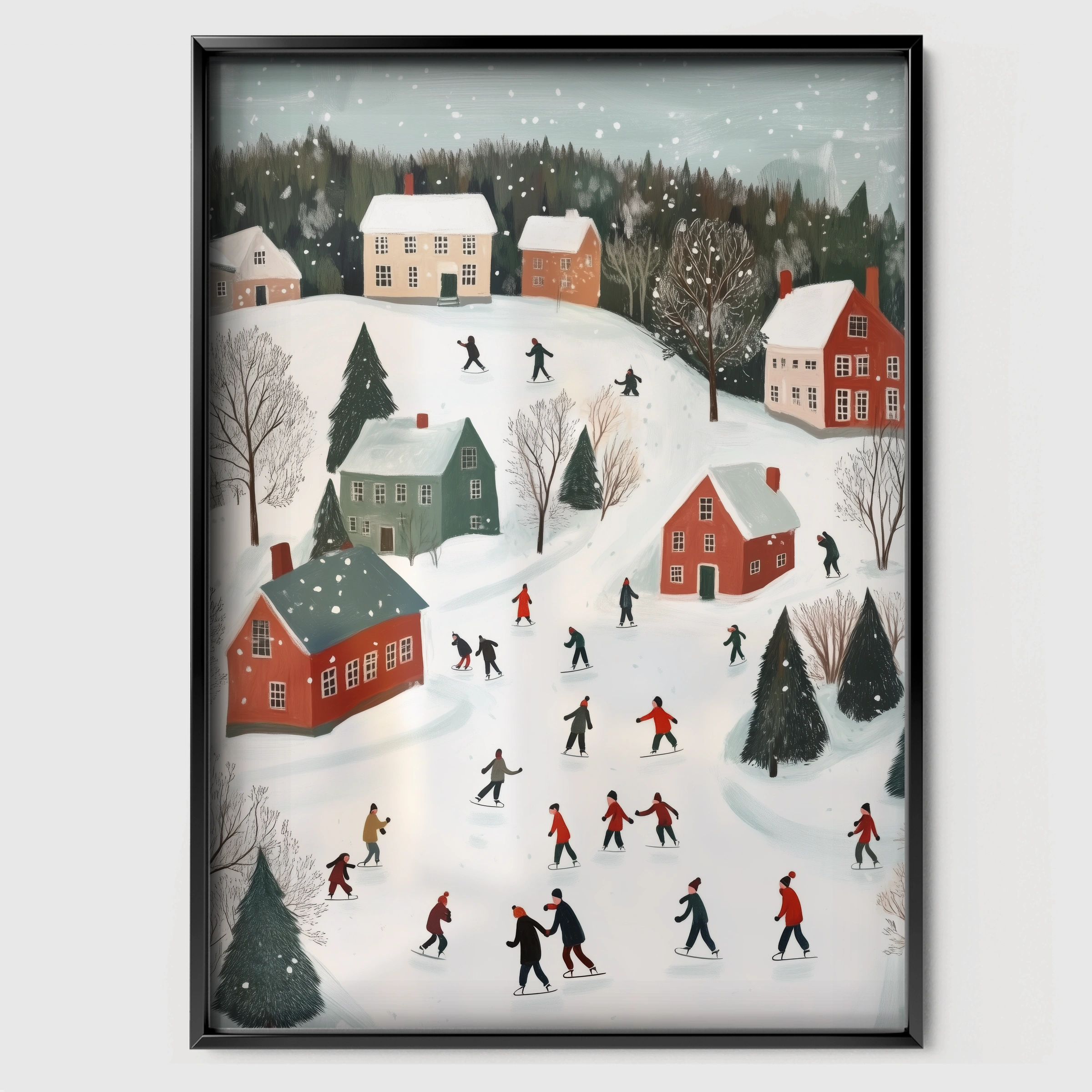Snowy Village Christmas Print - black framed nursery wall art print