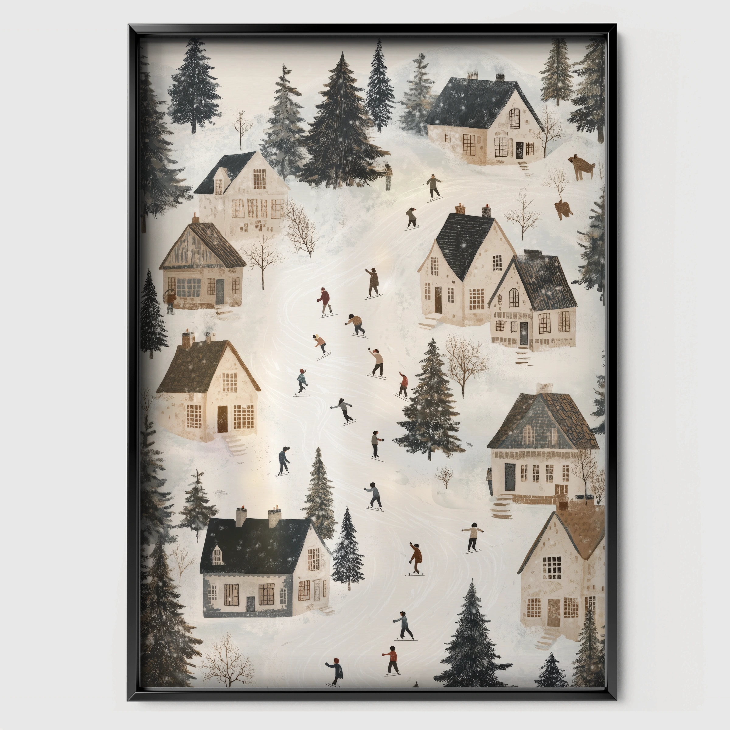 Snowy Village Skaters Christmas Print - black framed nursery wall art print