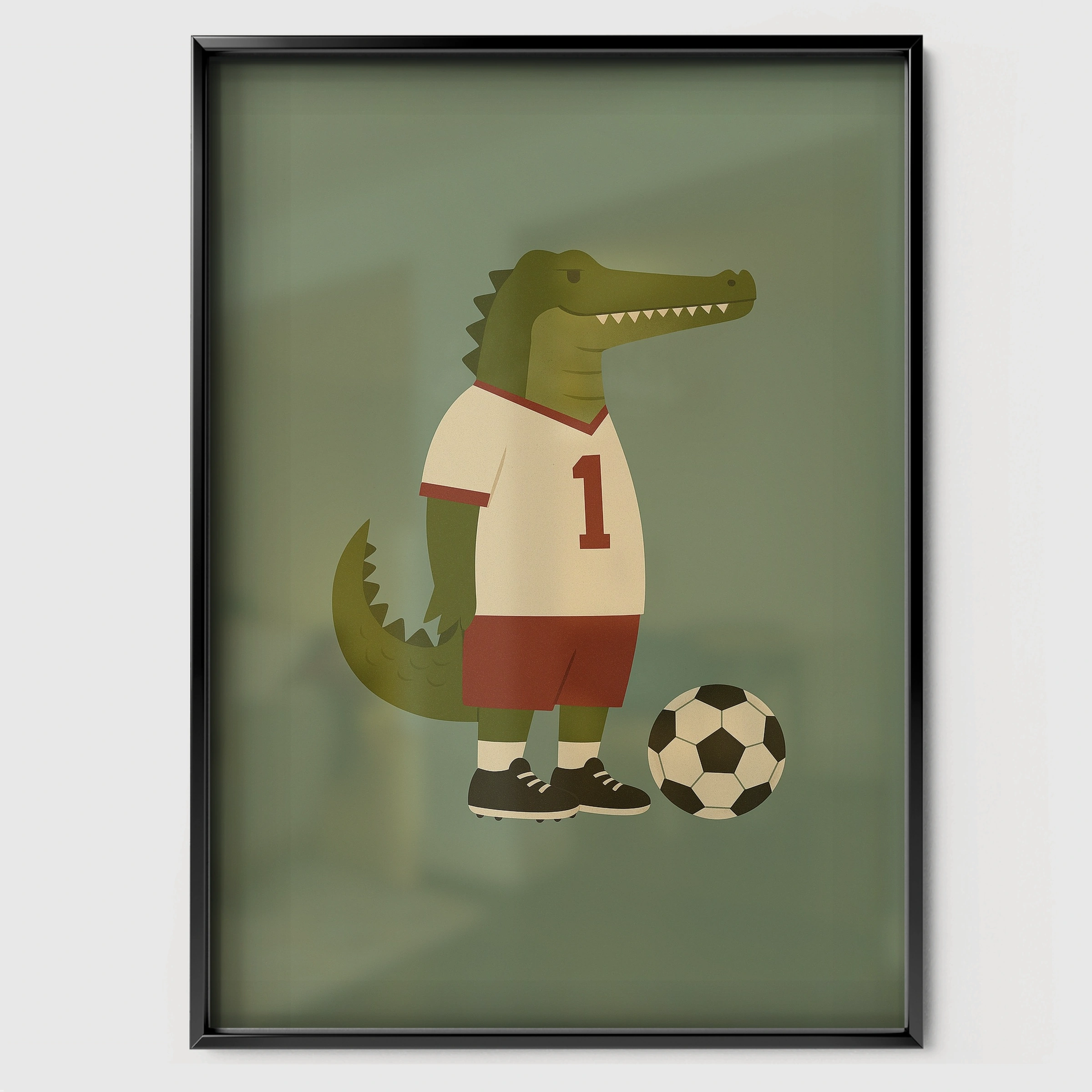 Soccer Crocodile Nursery Print - black framed nursery wall art print