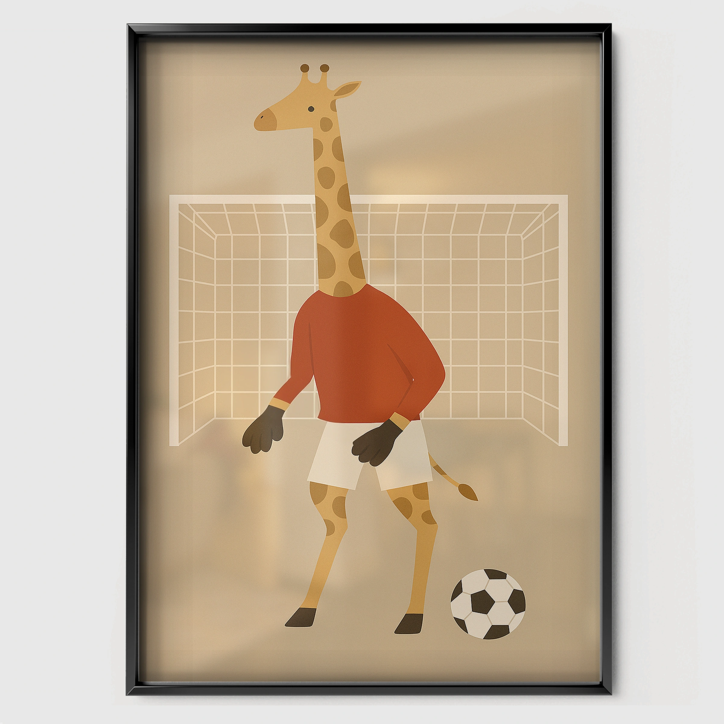 Soccer Giraffe Nursery Print - black framed nursery wall art print