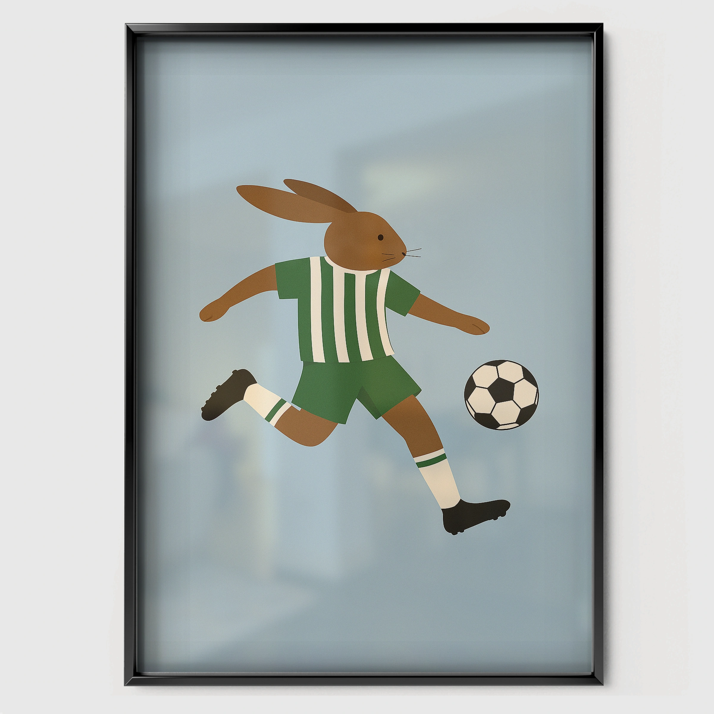 Soccer Rabbit Nursery Print - black framed nursery wall art print