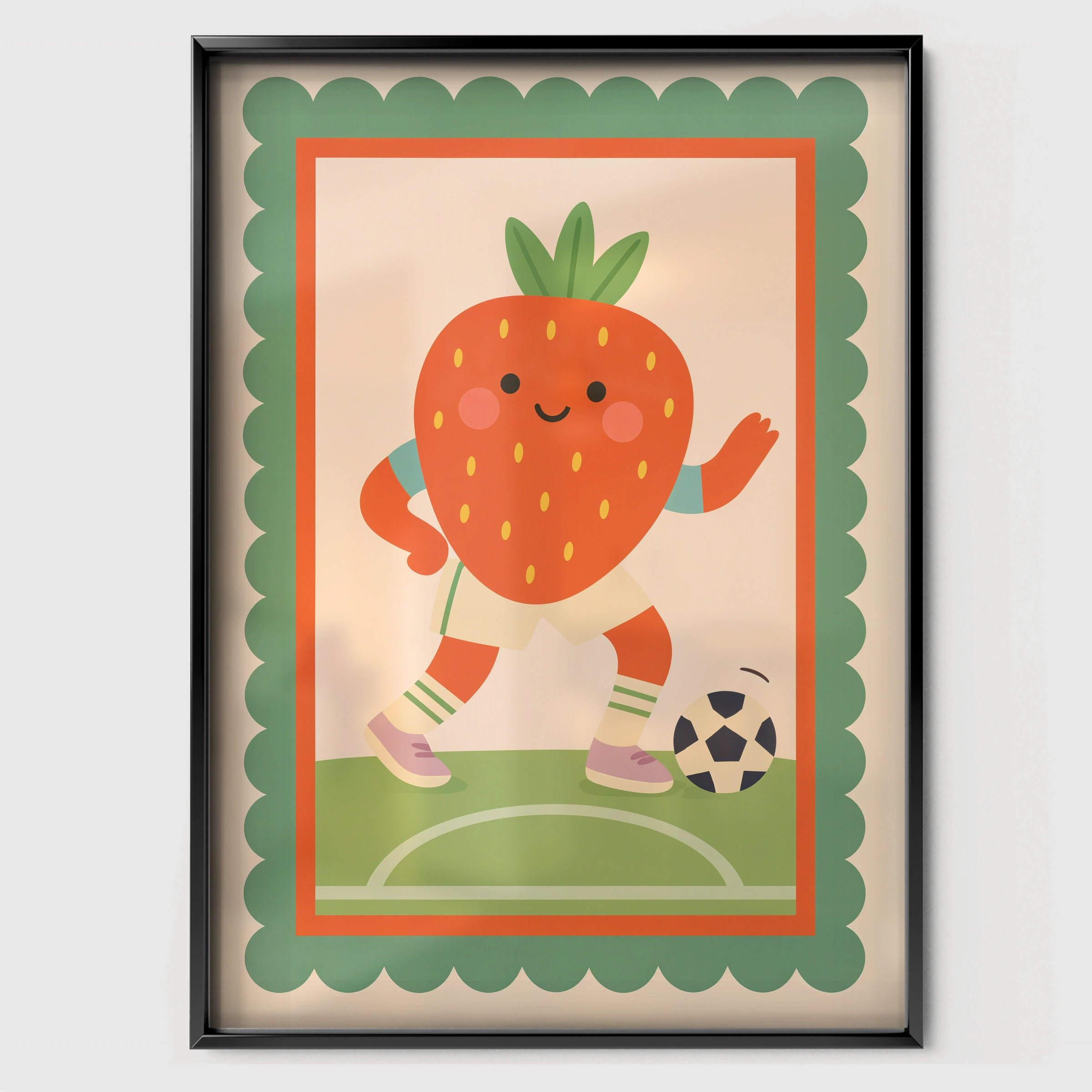 Soccer Strawberry Nursery Print - black framed nursery wall art print