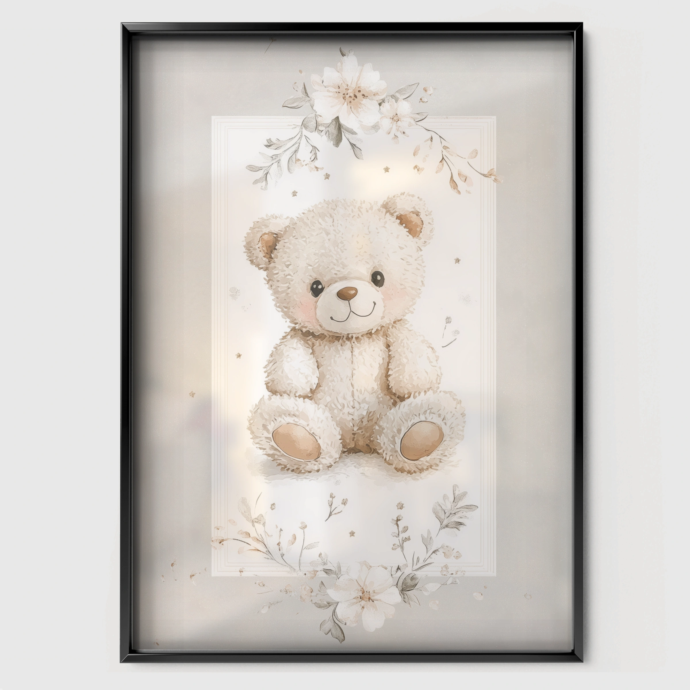 Soft Teddy Bear Nursery Print - black framed nursery wall art print