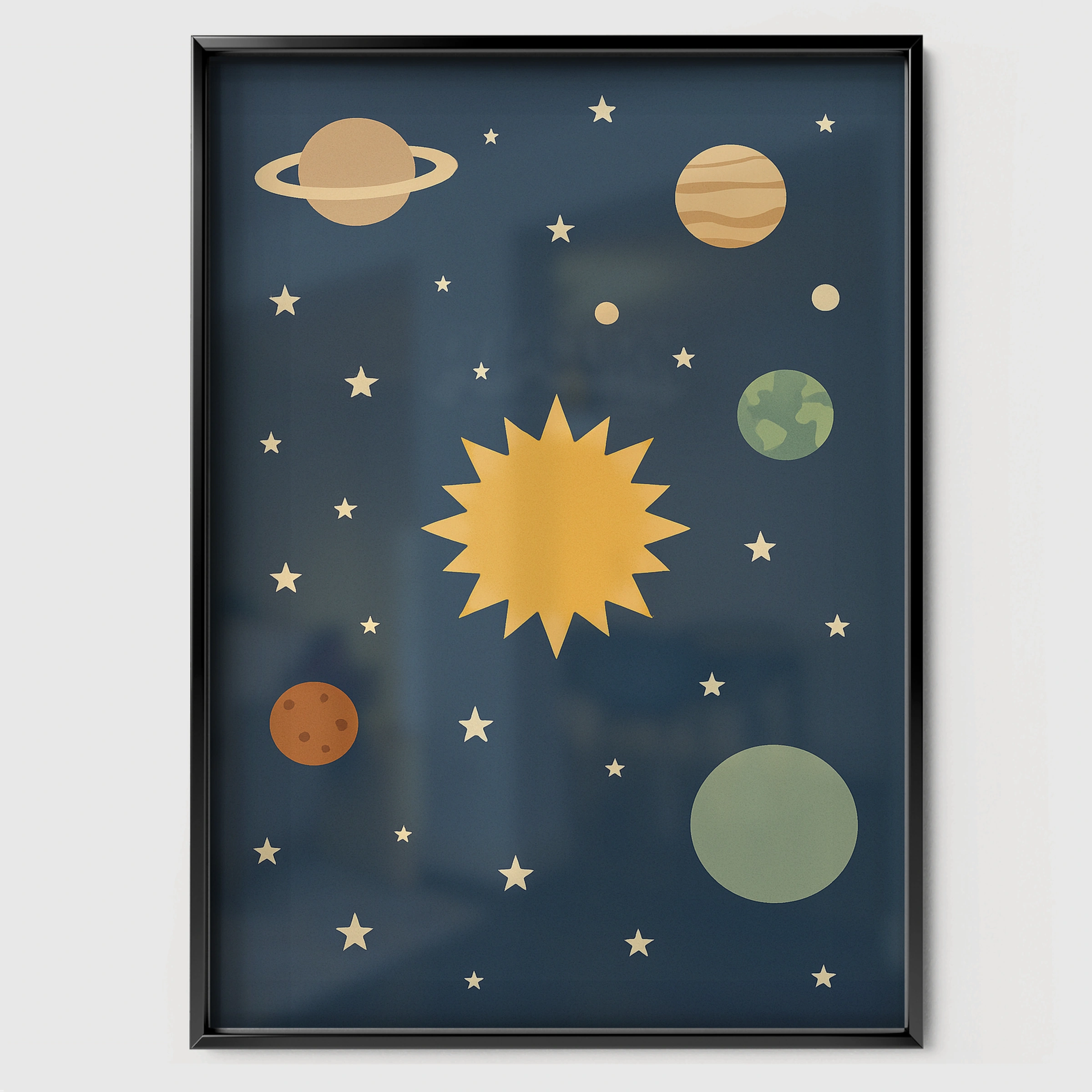 Solar System Planets Nursery Print - black framed nursery wall art print