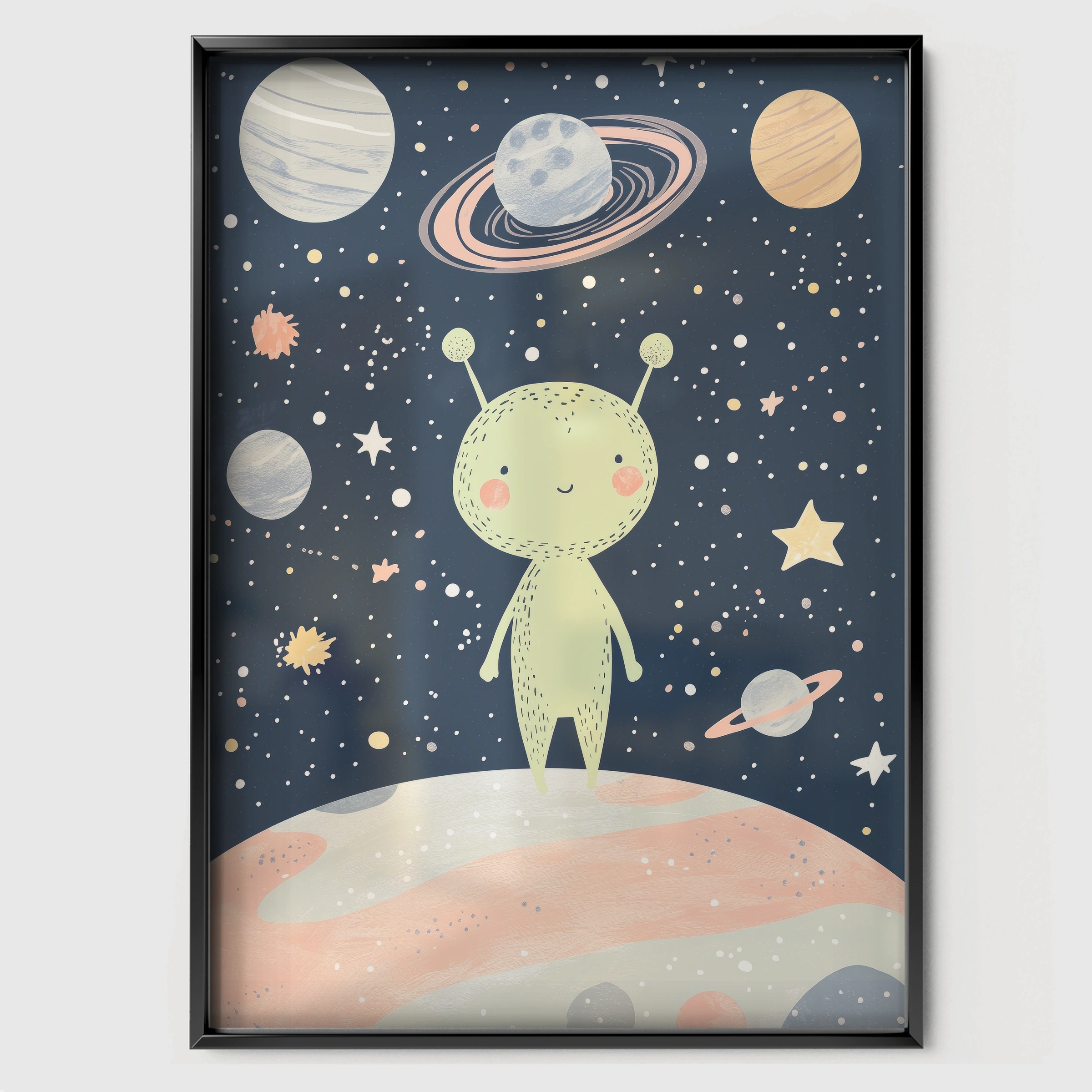 Space Alien Nursery Print - black framed nursery wall art print