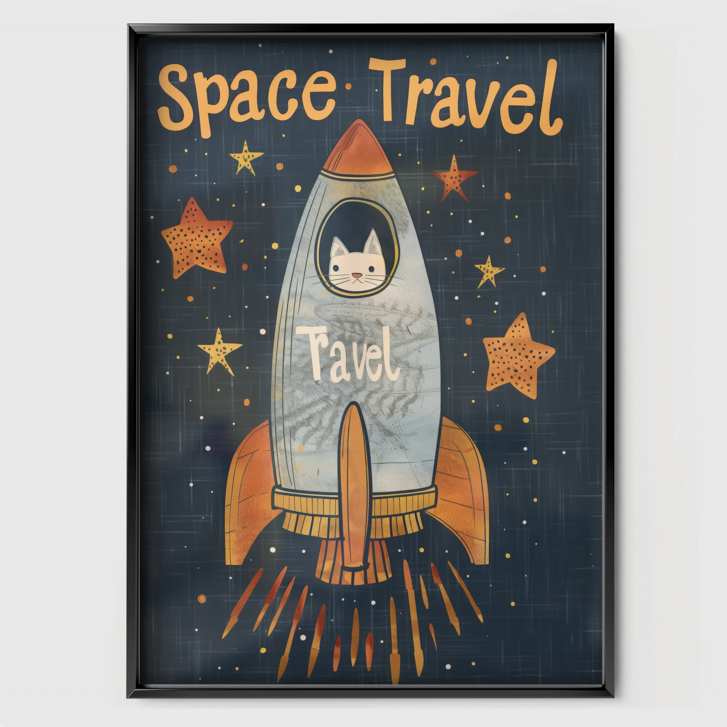 Space Travel Rocket Nursery Print - black framed nursery wall art print