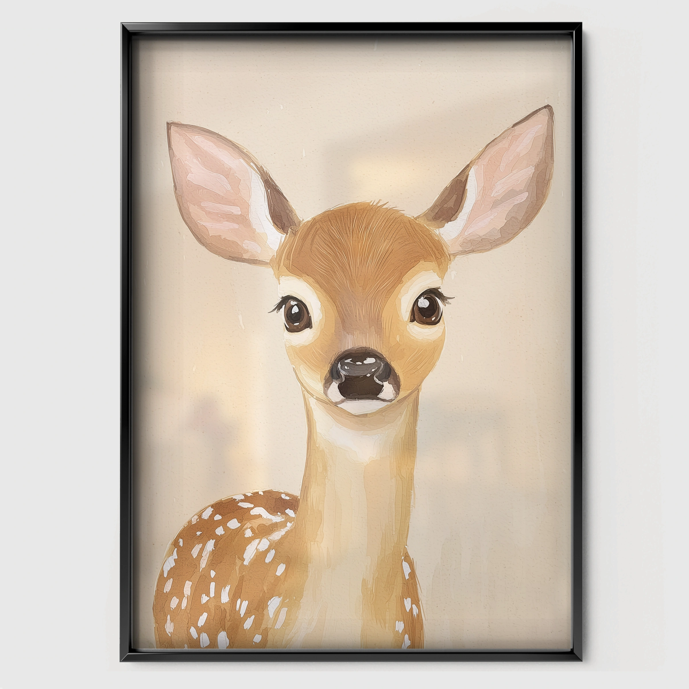 Spotted Fawn Nursery Print - black framed nursery wall art print
