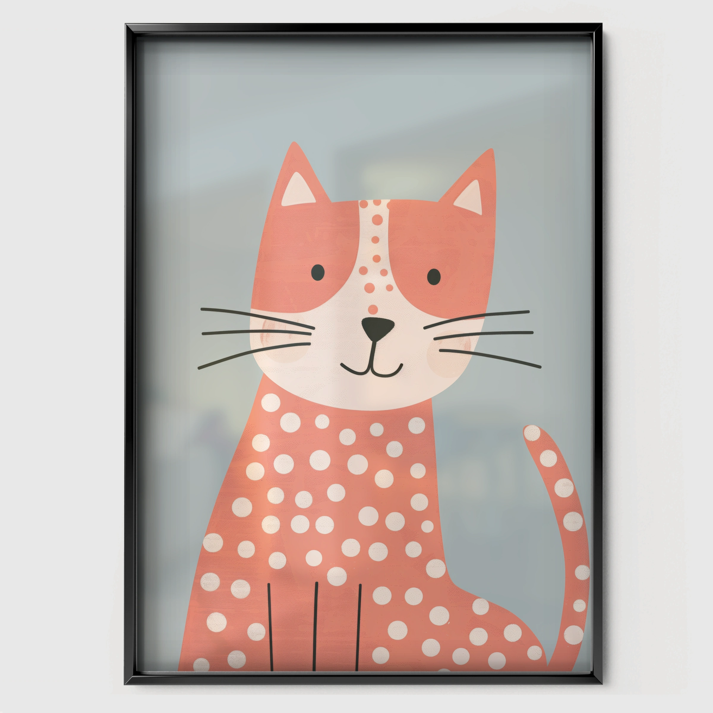 Spotty Pink Cat Nursery Print - black framed nursery wall art print