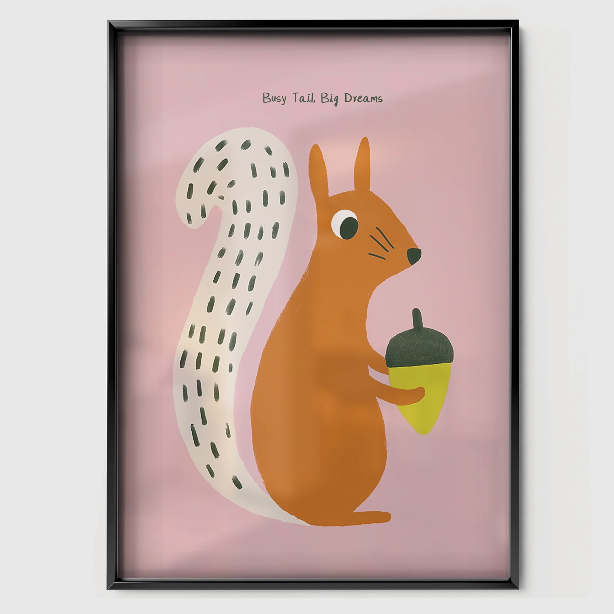 Squirrel with an Acorn Nursery Print - black framed nursery wall art print