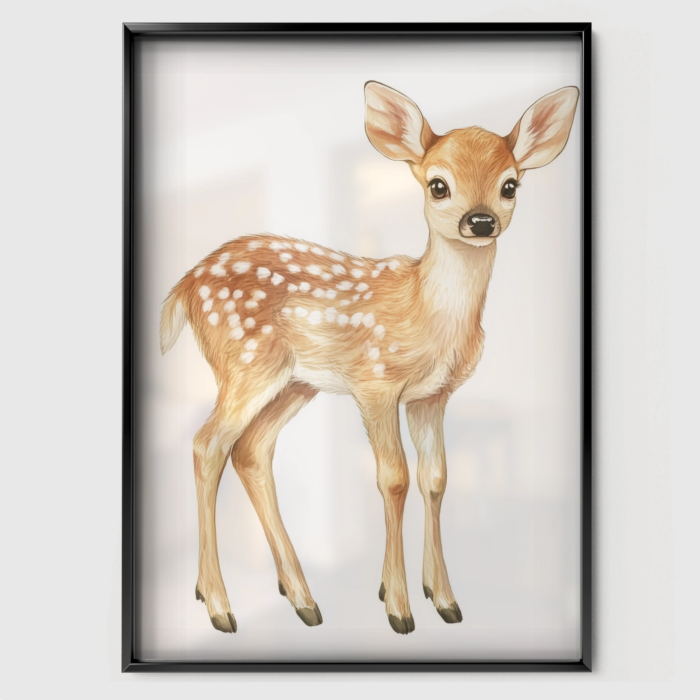 Standing Fawn Nursery Print - black framed nursery wall art print