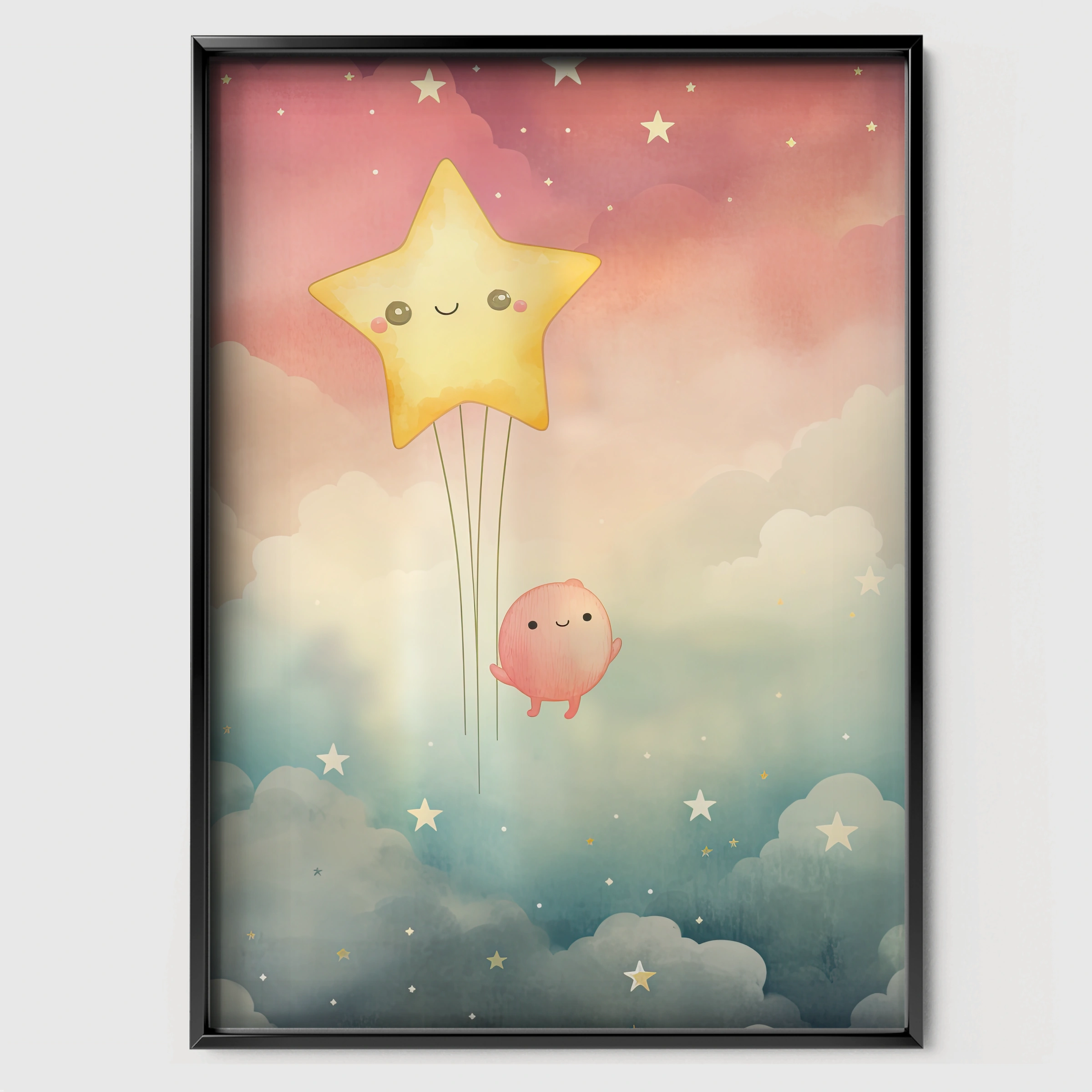 Star Balloon Nursery Print - black framed nursery wall art print