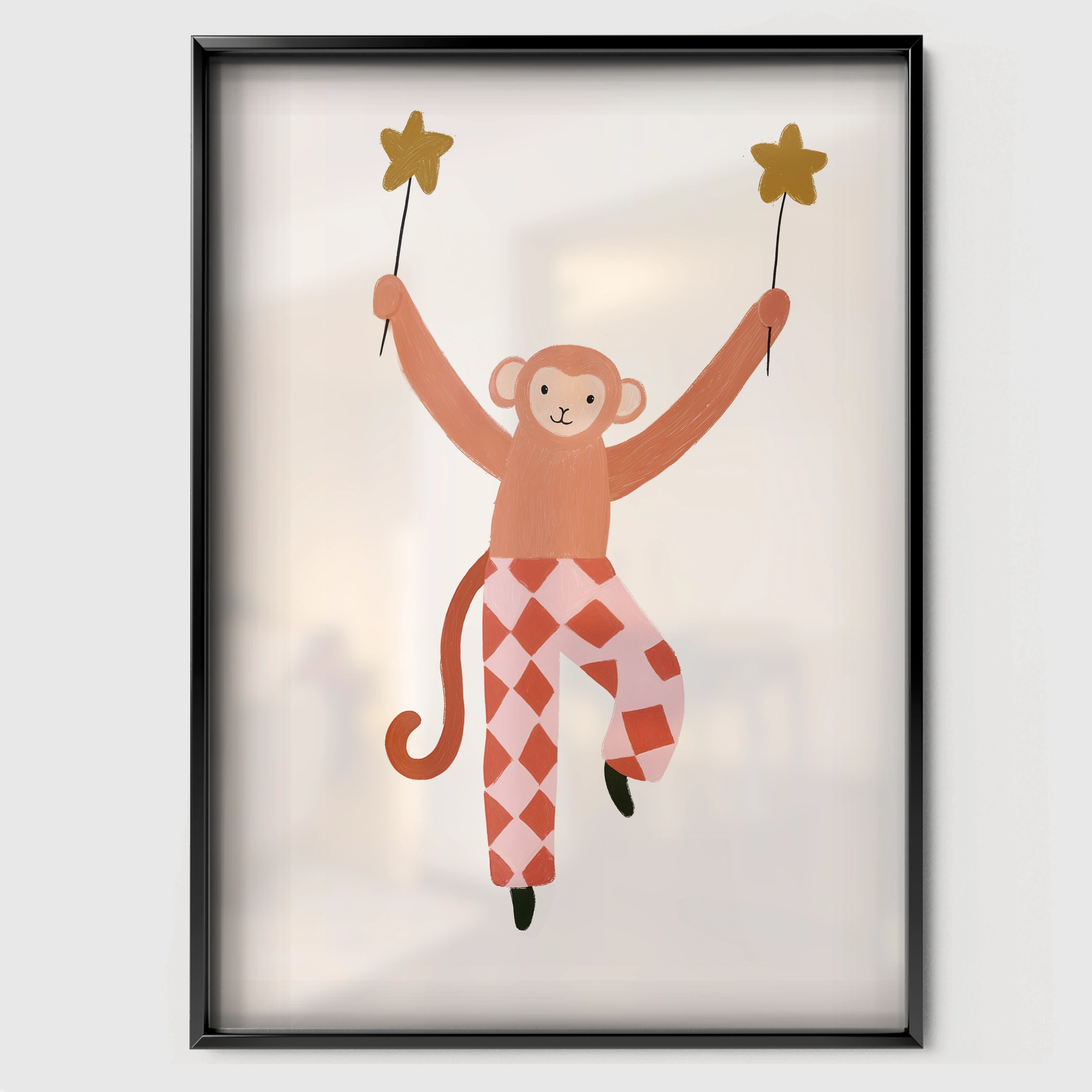 Star Catcher Monkey Nursery Print - black framed nursery wall art print
