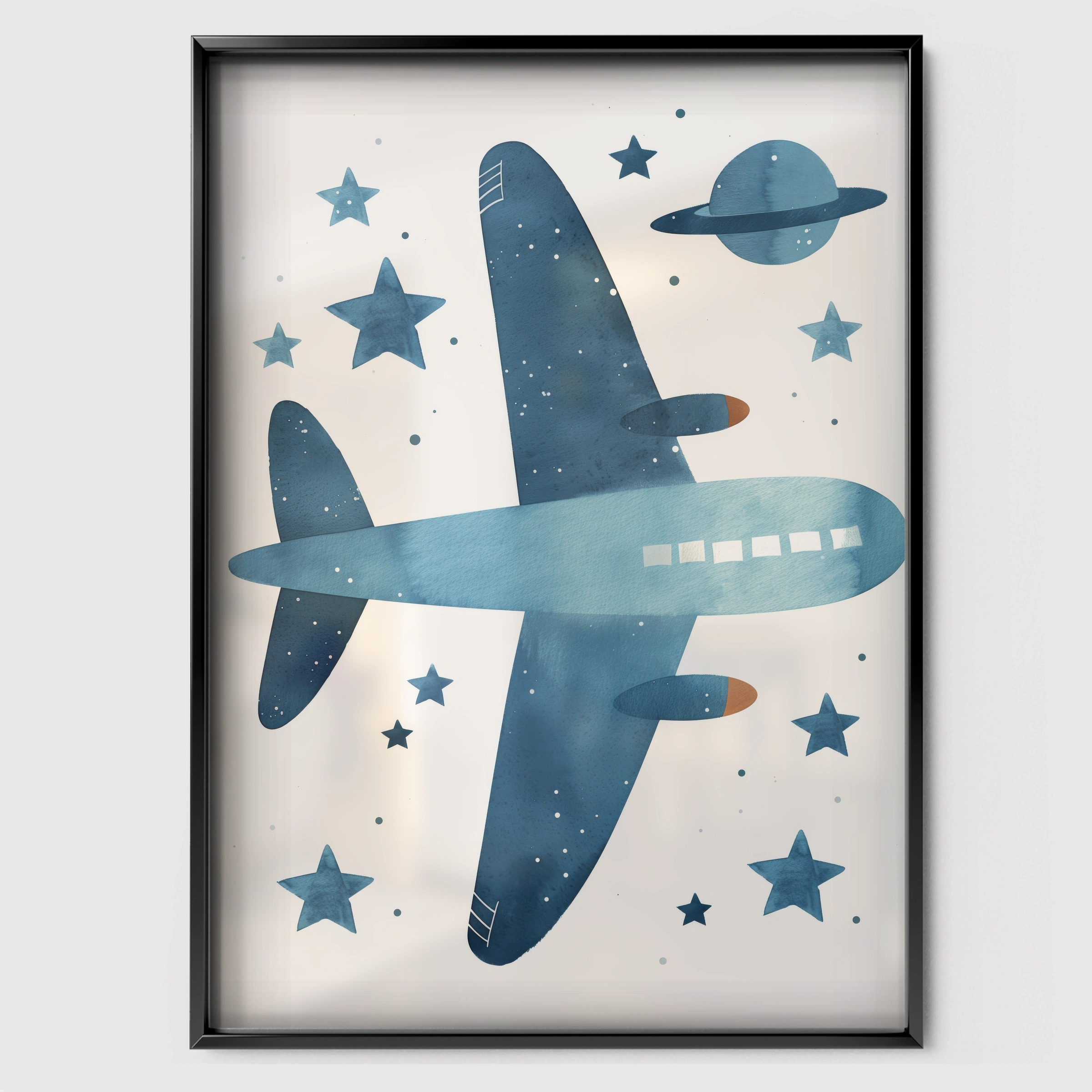 Starry Airplane Nursery Print - black framed nursery wall art print