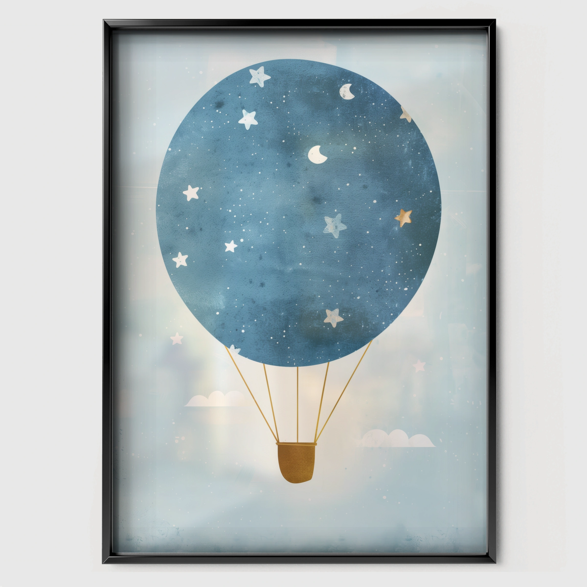 Starry Hot Air Balloon Nursery Print - black framed nursery wall art print