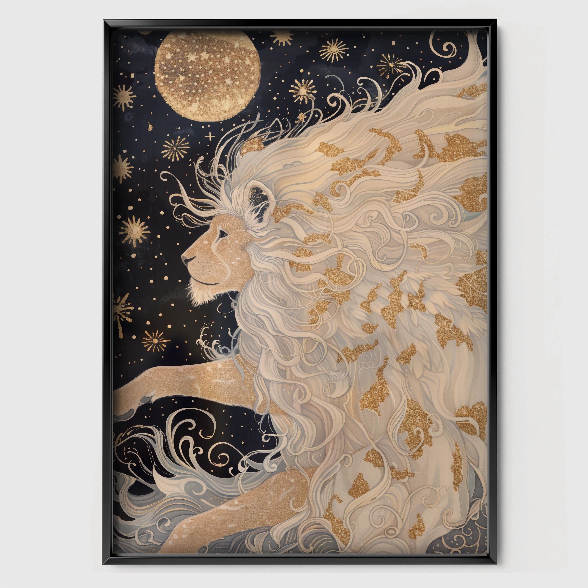 Starry Mane Lion Nursery Print - black framed nursery wall art print
