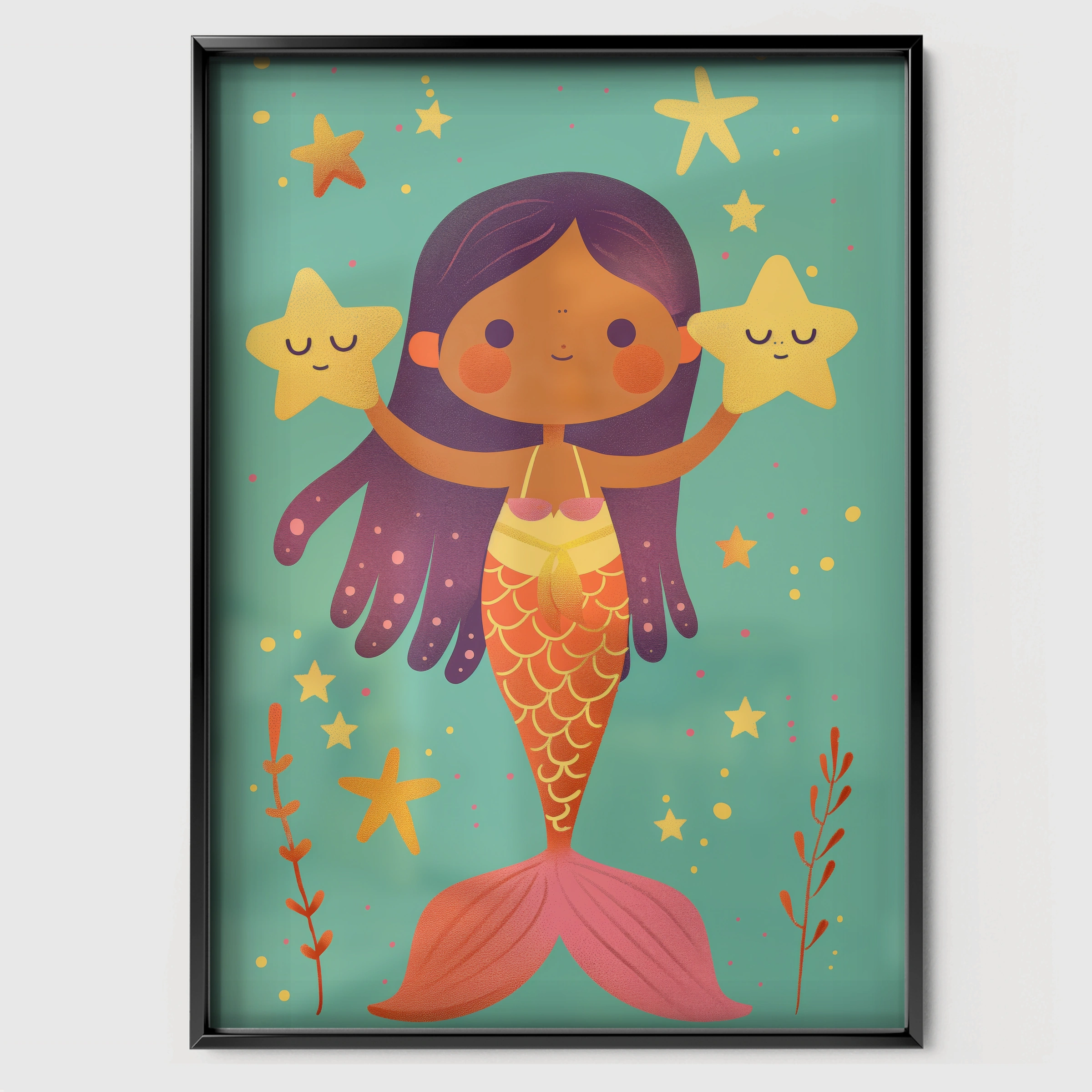 Starry Mermaid Nursery Print - black framed nursery wall art print