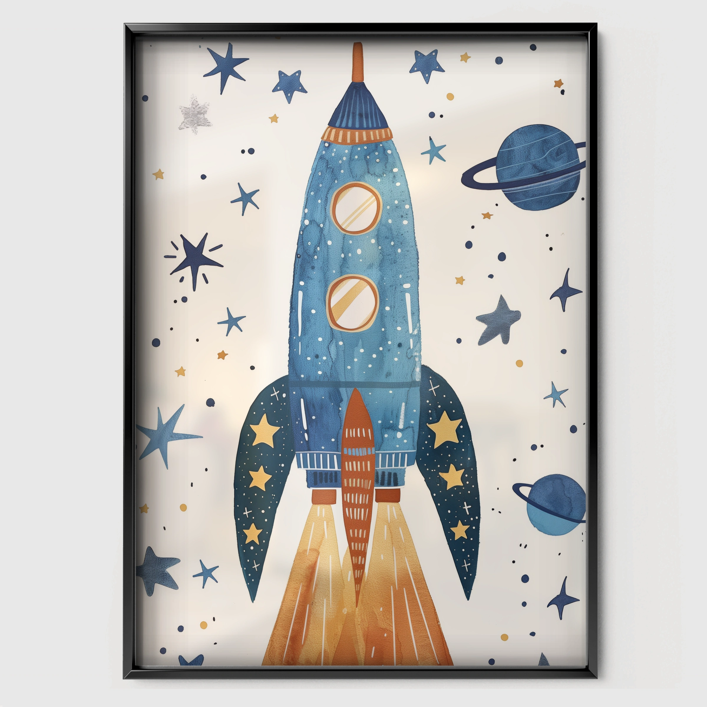 Starry Rocket Nursery Print - black framed nursery wall art print