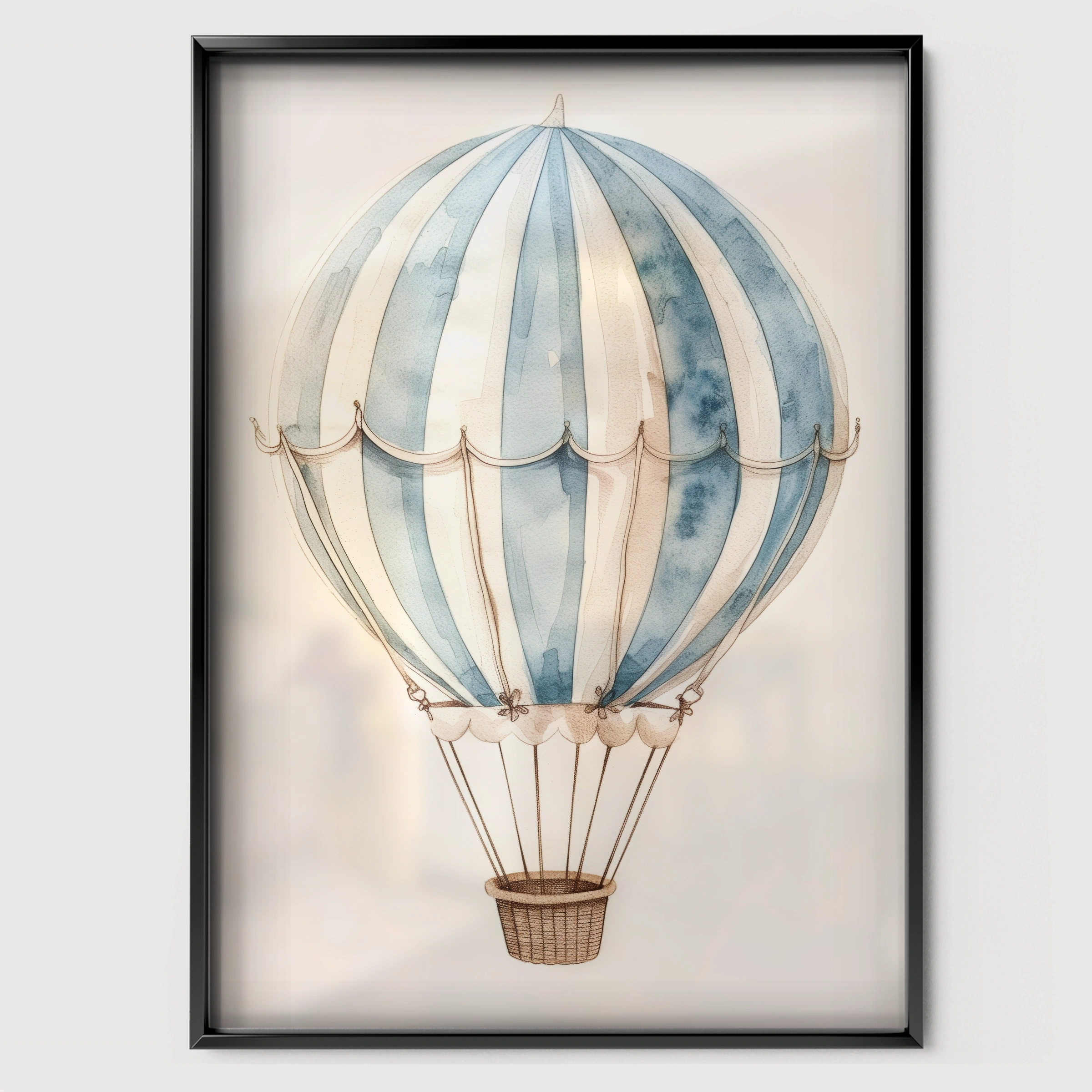 Striped Hot Air Balloon Nursery Print - black framed nursery wall art print