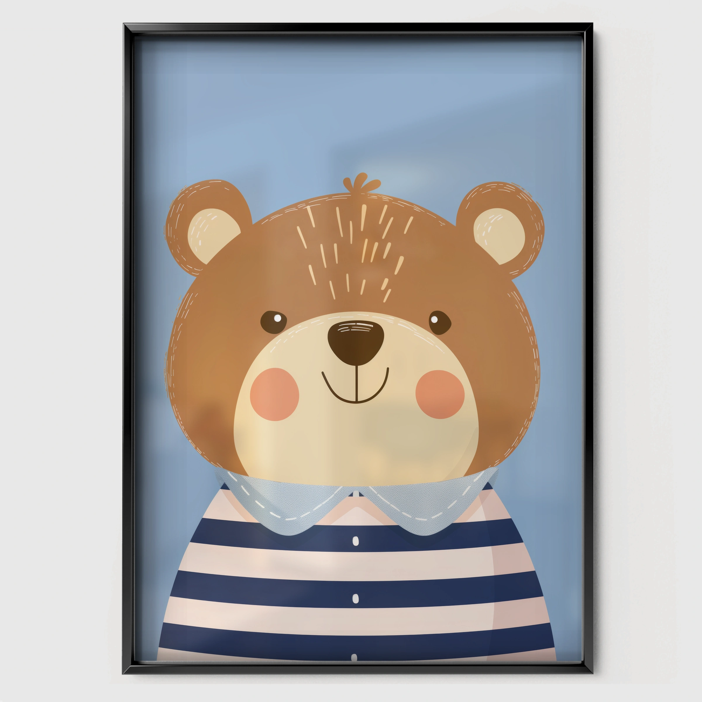 Striped Shirt Bear Nursery Print - black framed nursery wall art print