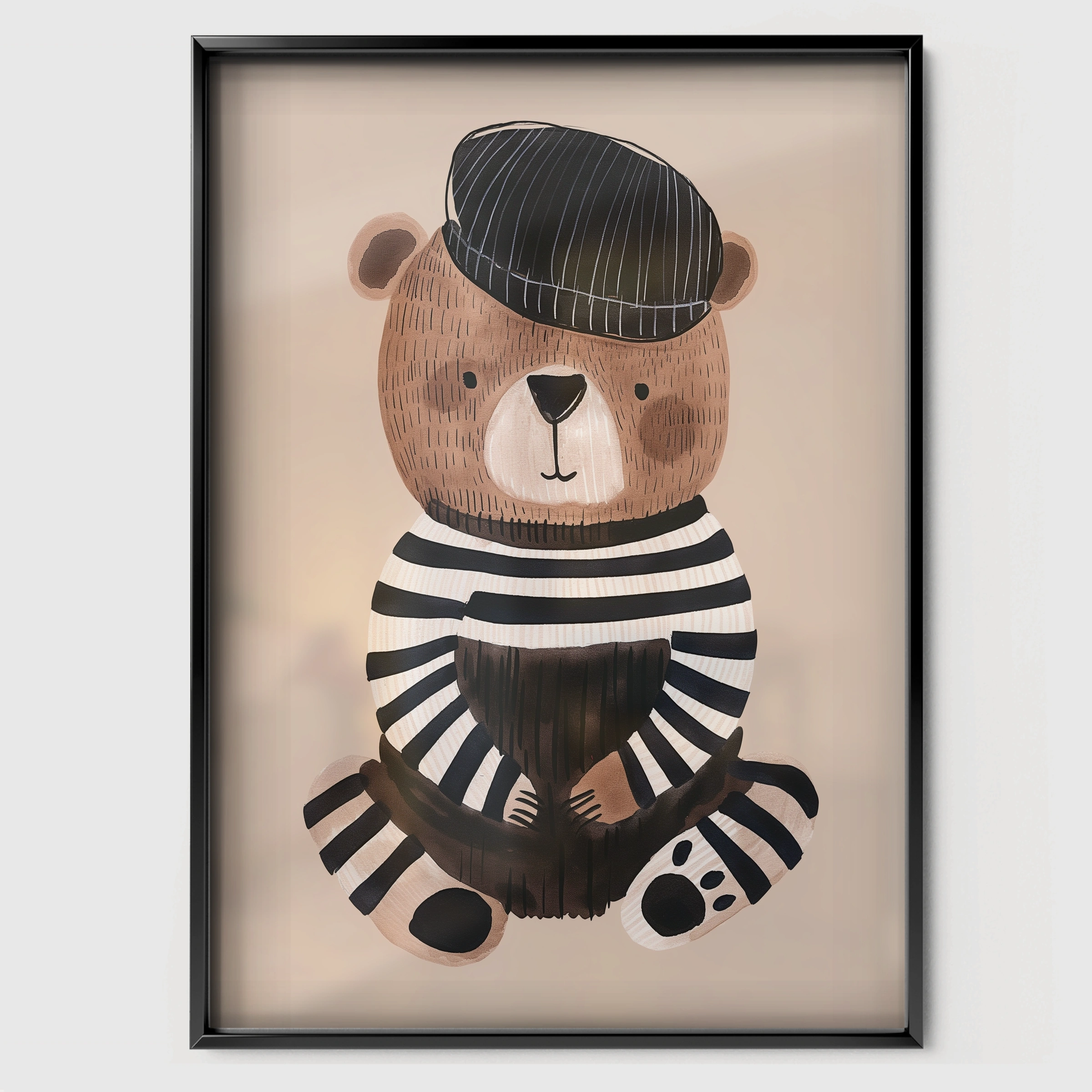 Stripey Bear Nursery Print - black framed nursery wall art print