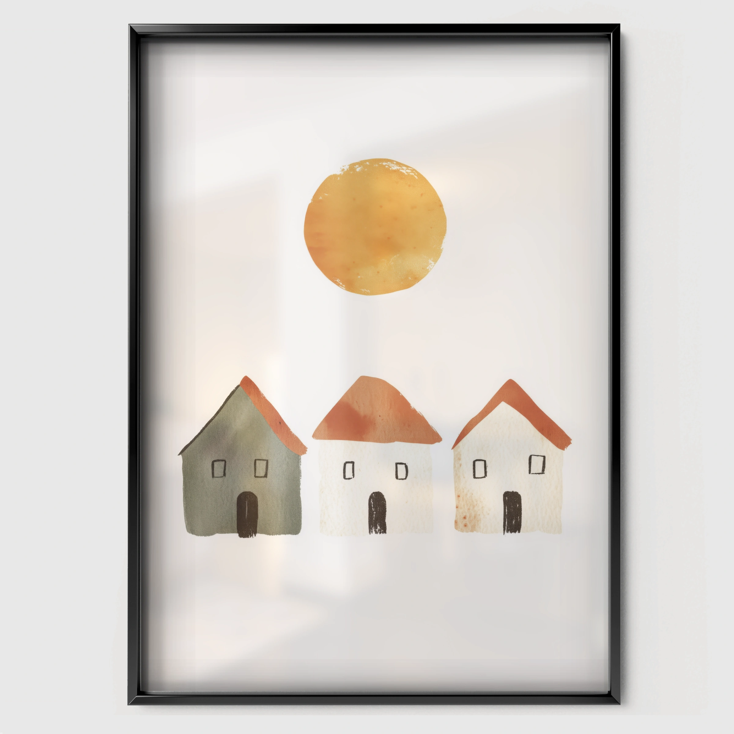 Sun and Houses Nursery Print - black framed nursery wall art print