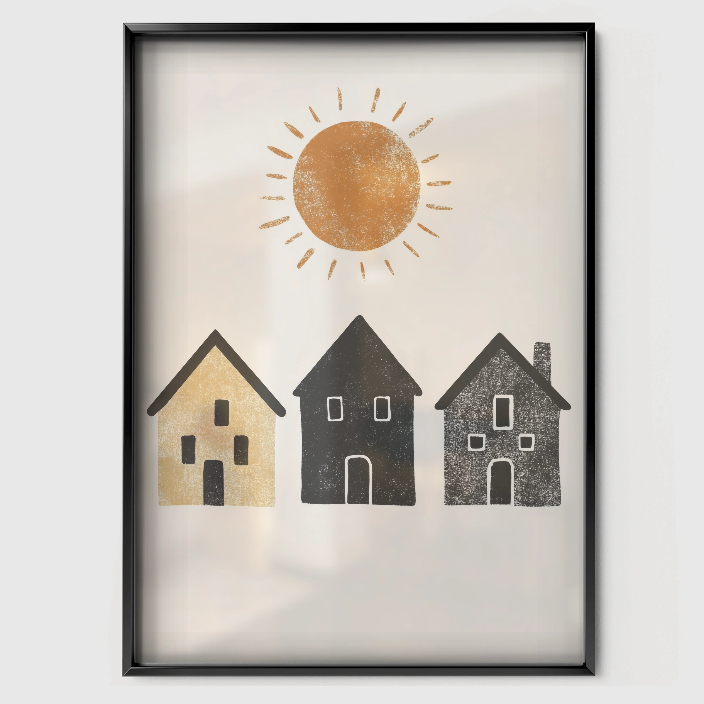 Sun and Houses Two Nursery Print - black framed nursery wall art print