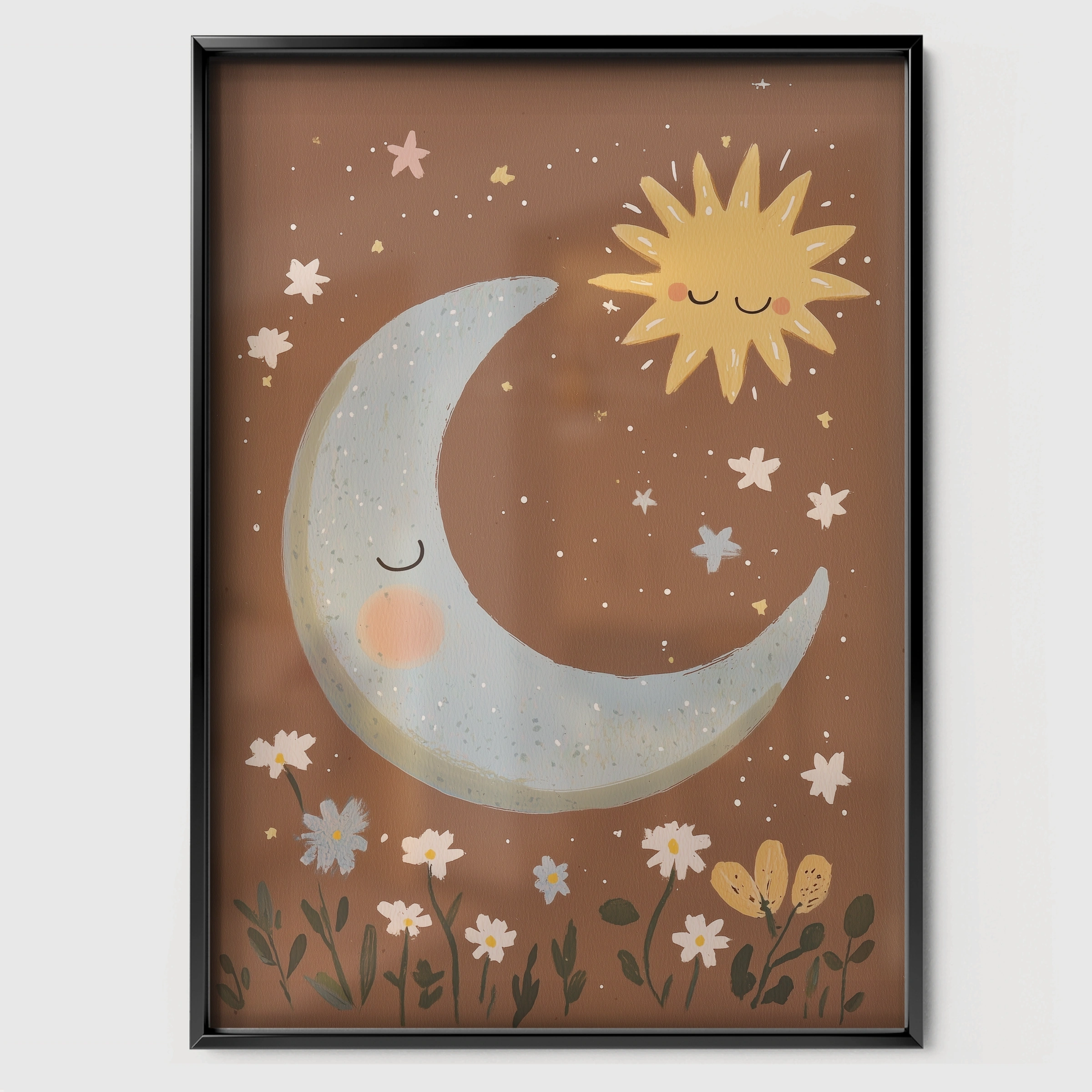 Sun and Moon Nursery Print - black framed nursery wall art print