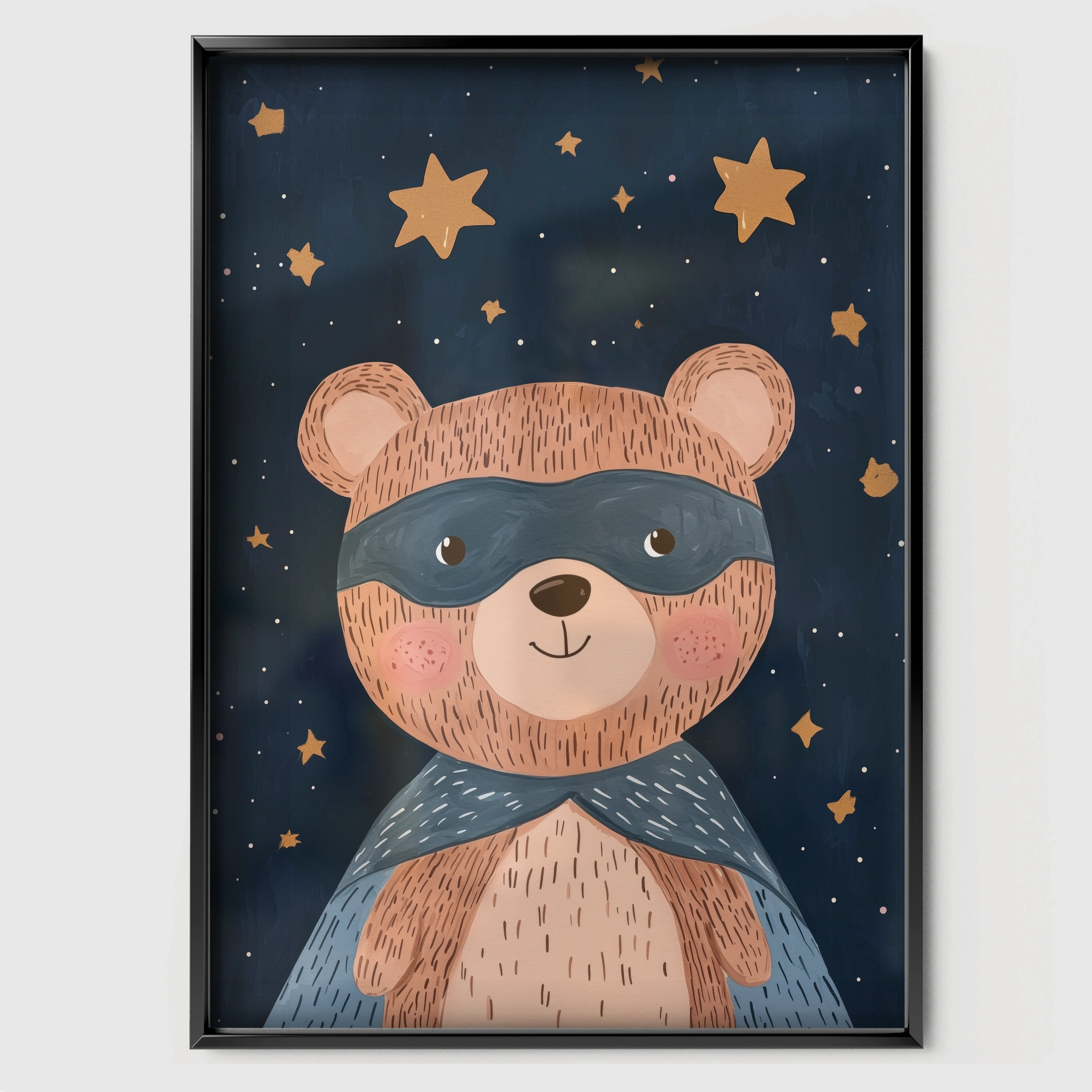Superhero Bear Nursery Print - black framed nursery wall art print