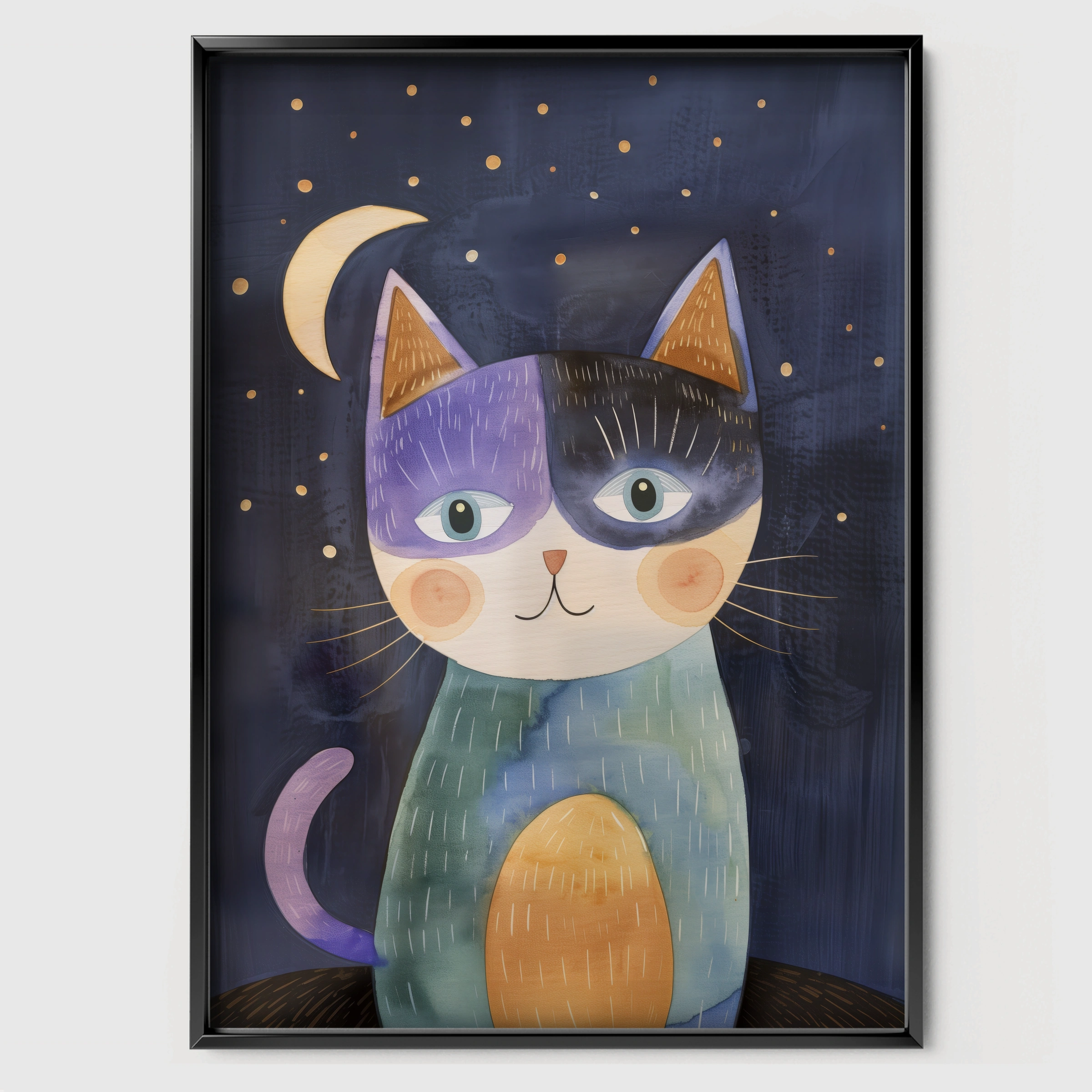 Superhero Cat Nursery Print - black framed nursery wall art print