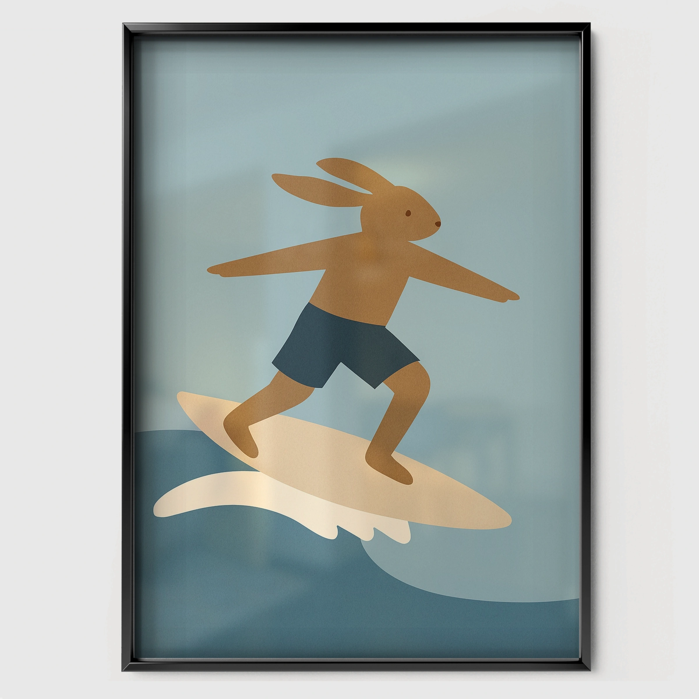 Surfing Rabbit Nursery Print - black framed nursery wall art print