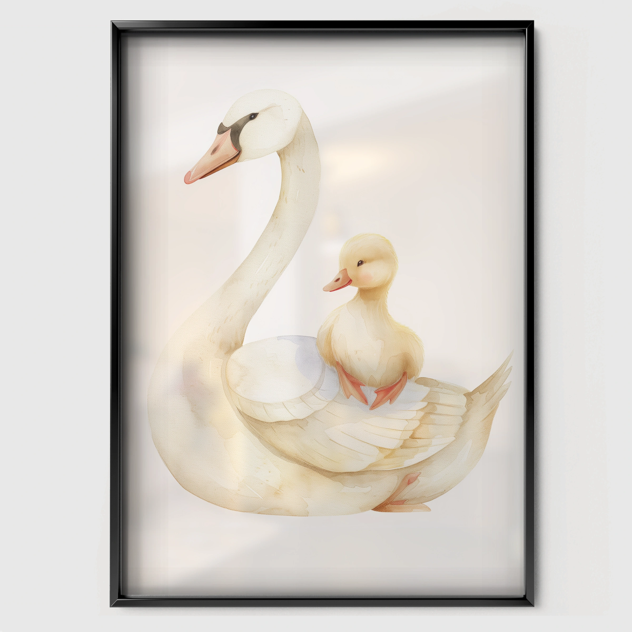 Swan and Duckling Nursery Print - black framed nursery wall art print