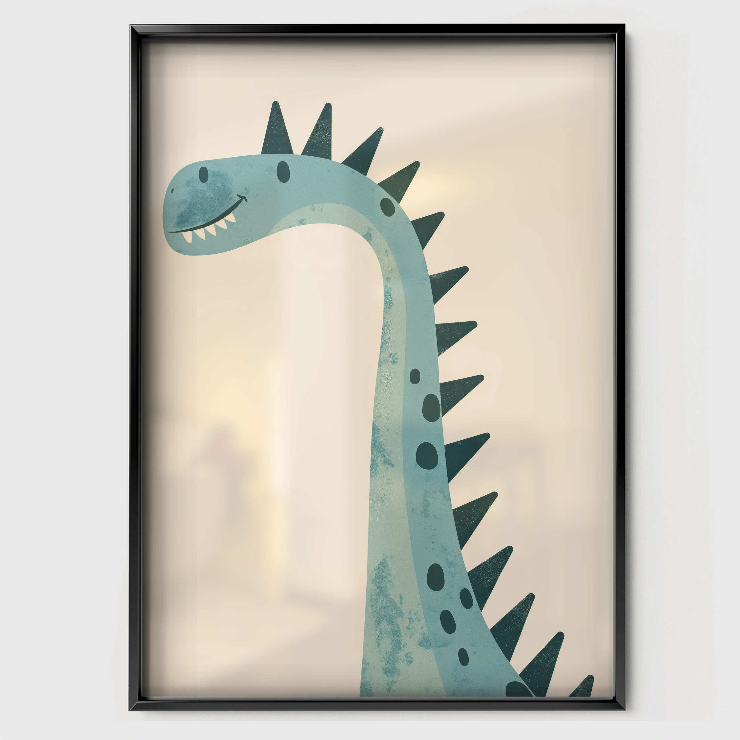 Teal Dinosaur Nursery Print - black framed nursery wall art print