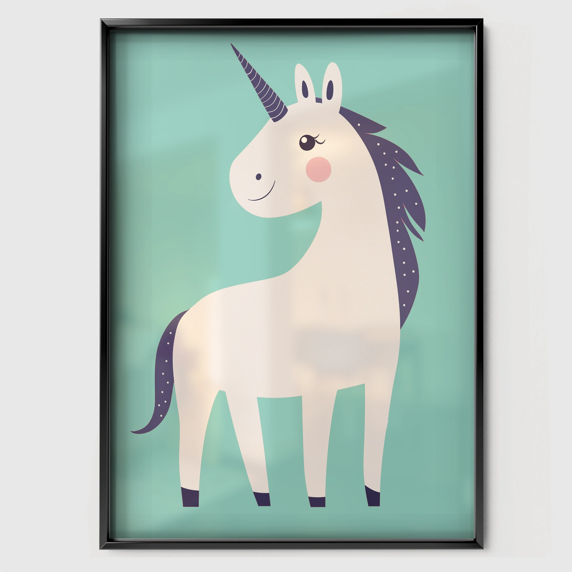 Teal Unicorn Nursery Print - black framed nursery wall art print