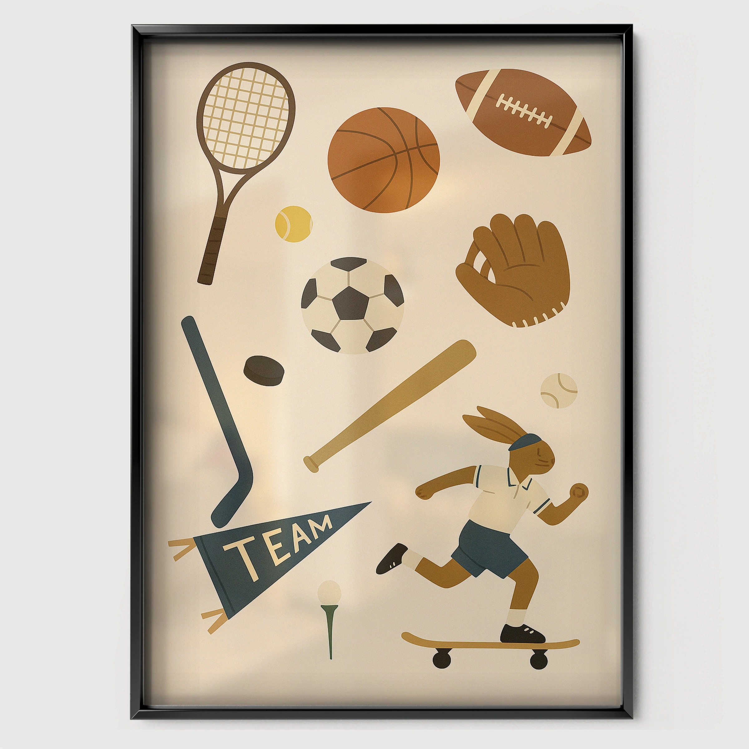Team Sports Equipment Nursery Print - black framed nursery wall art print