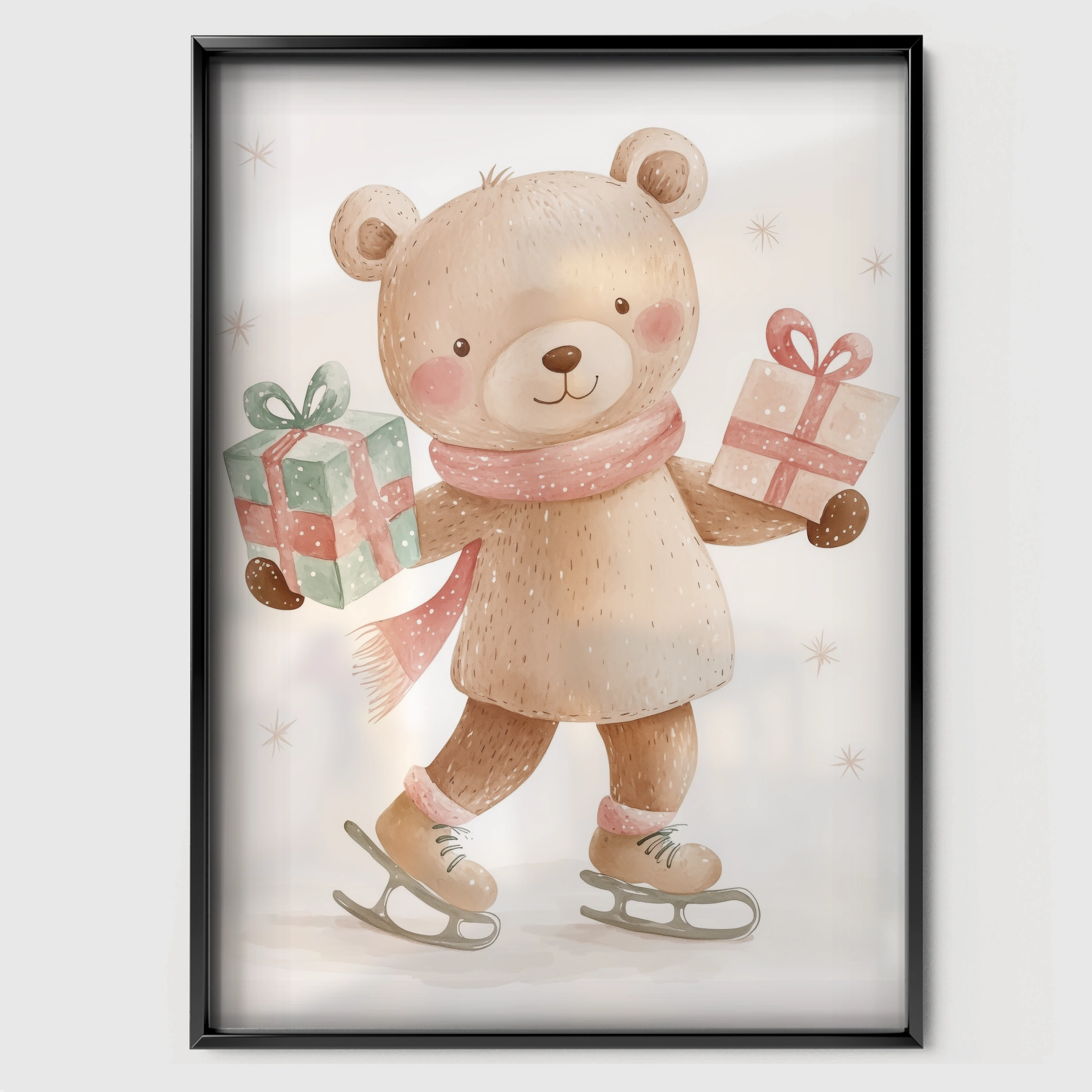 Teddy Bear with Gifts Christmas Print - black framed nursery wall art print