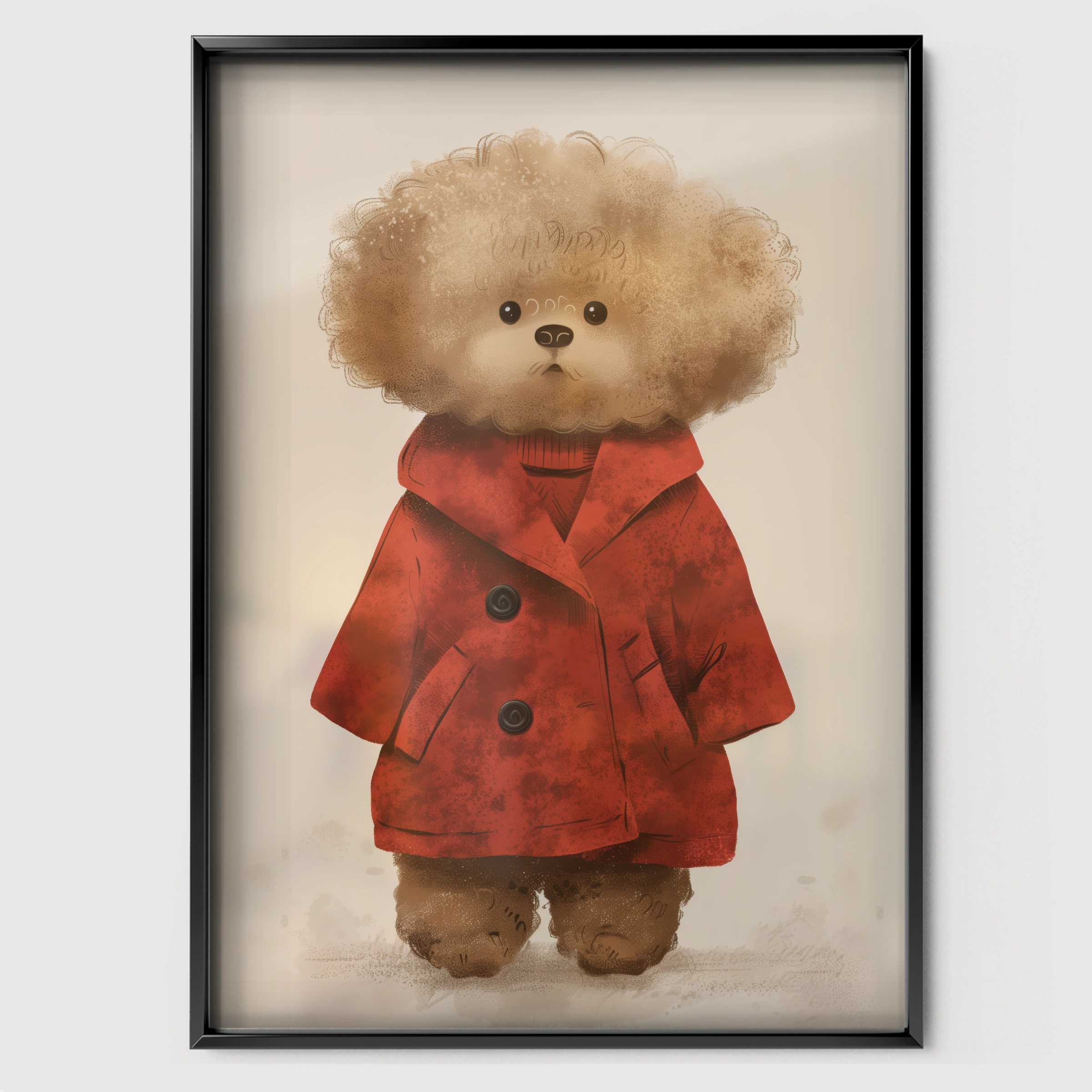 Teddy in a Coat Nursery Print - black framed nursery wall art print