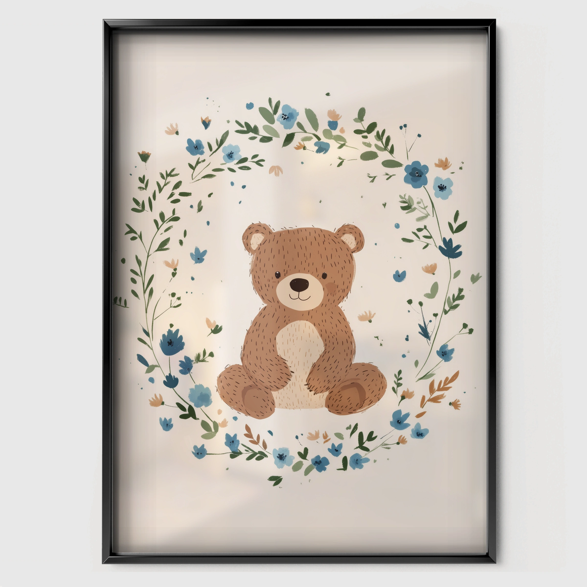 Teddy in a Wreath Nursery Print - black framed nursery wall art print
