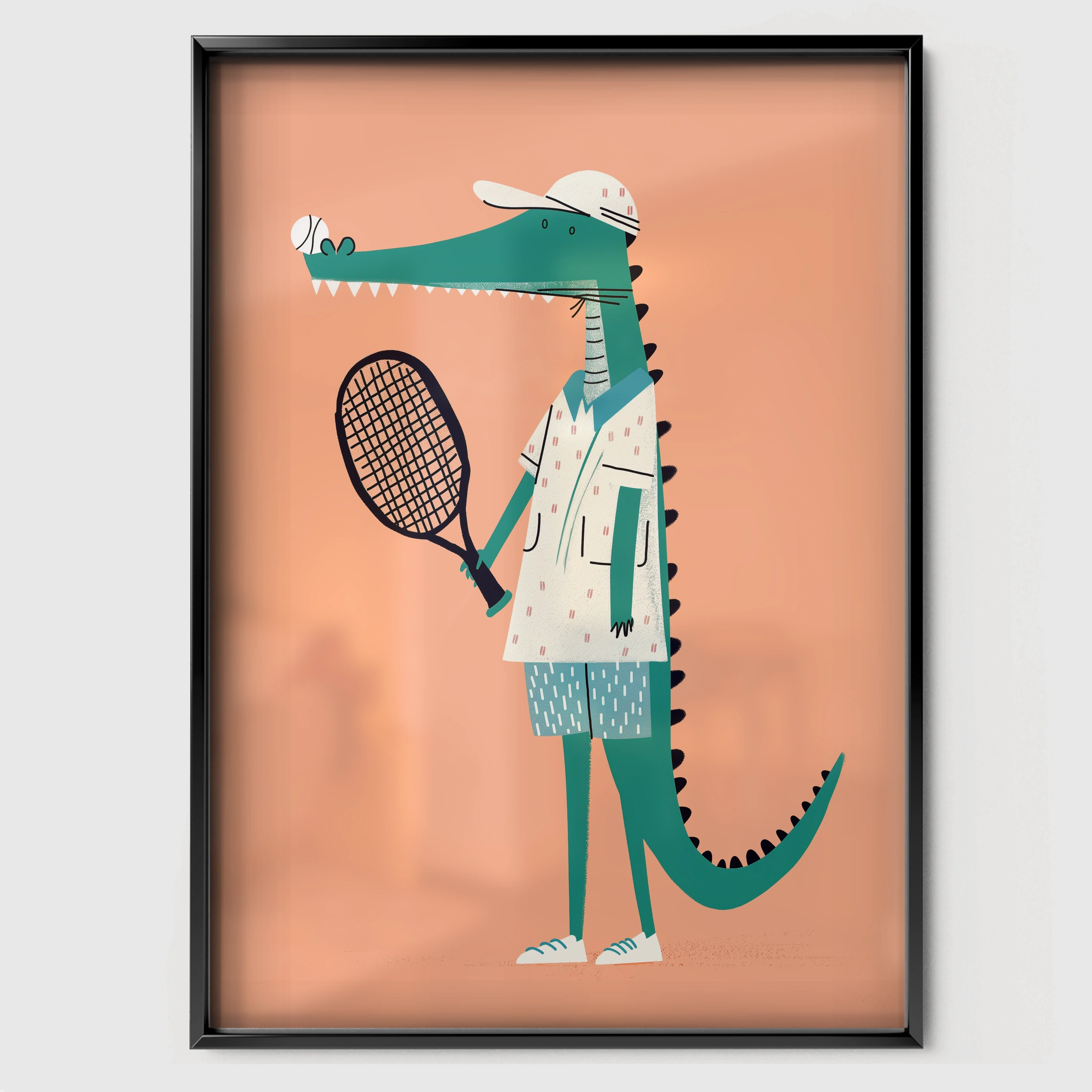 Tennis Crocodile Nursery Print - black framed nursery wall art print