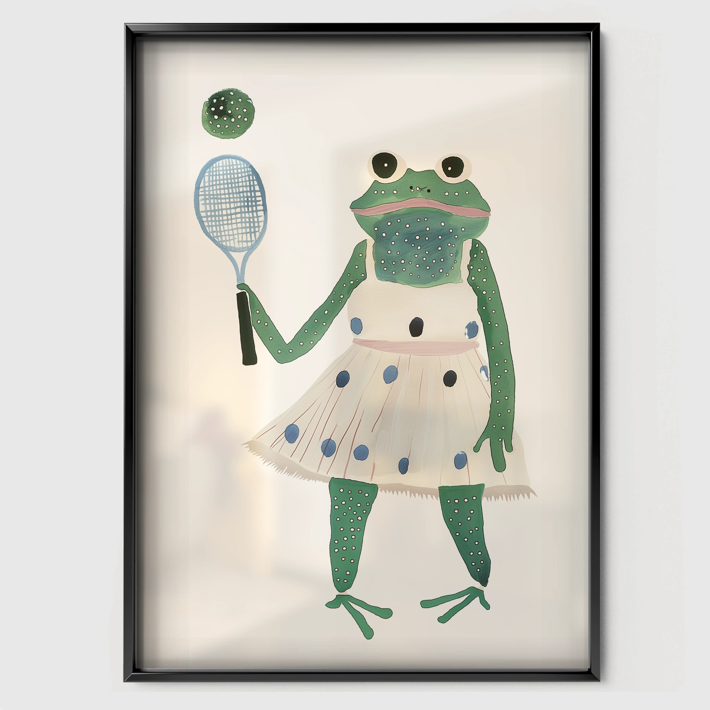 Tennis Frog Nursery Print - black framed nursery wall art print
