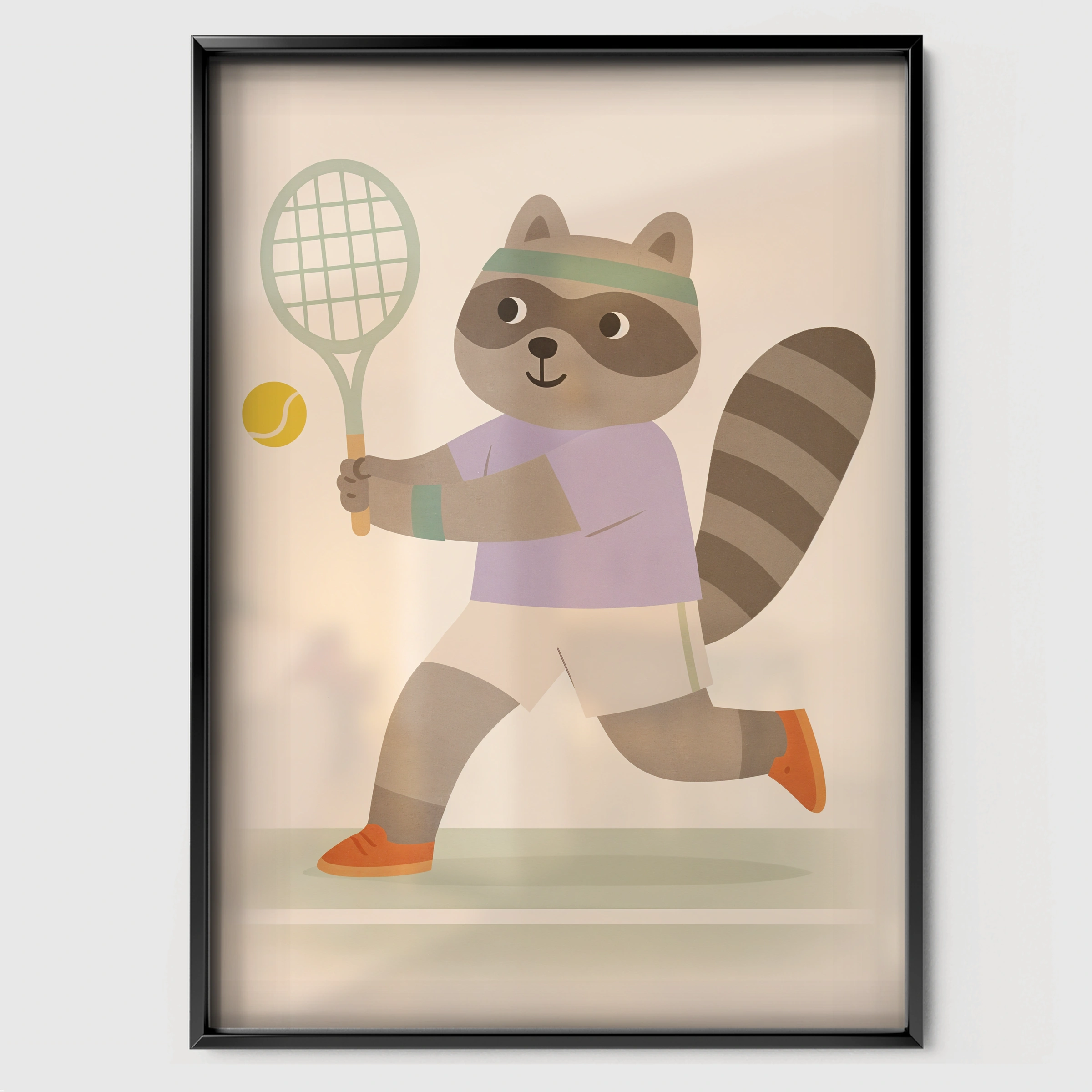 Tennis Raccoon Nursery Print - black framed nursery wall art print