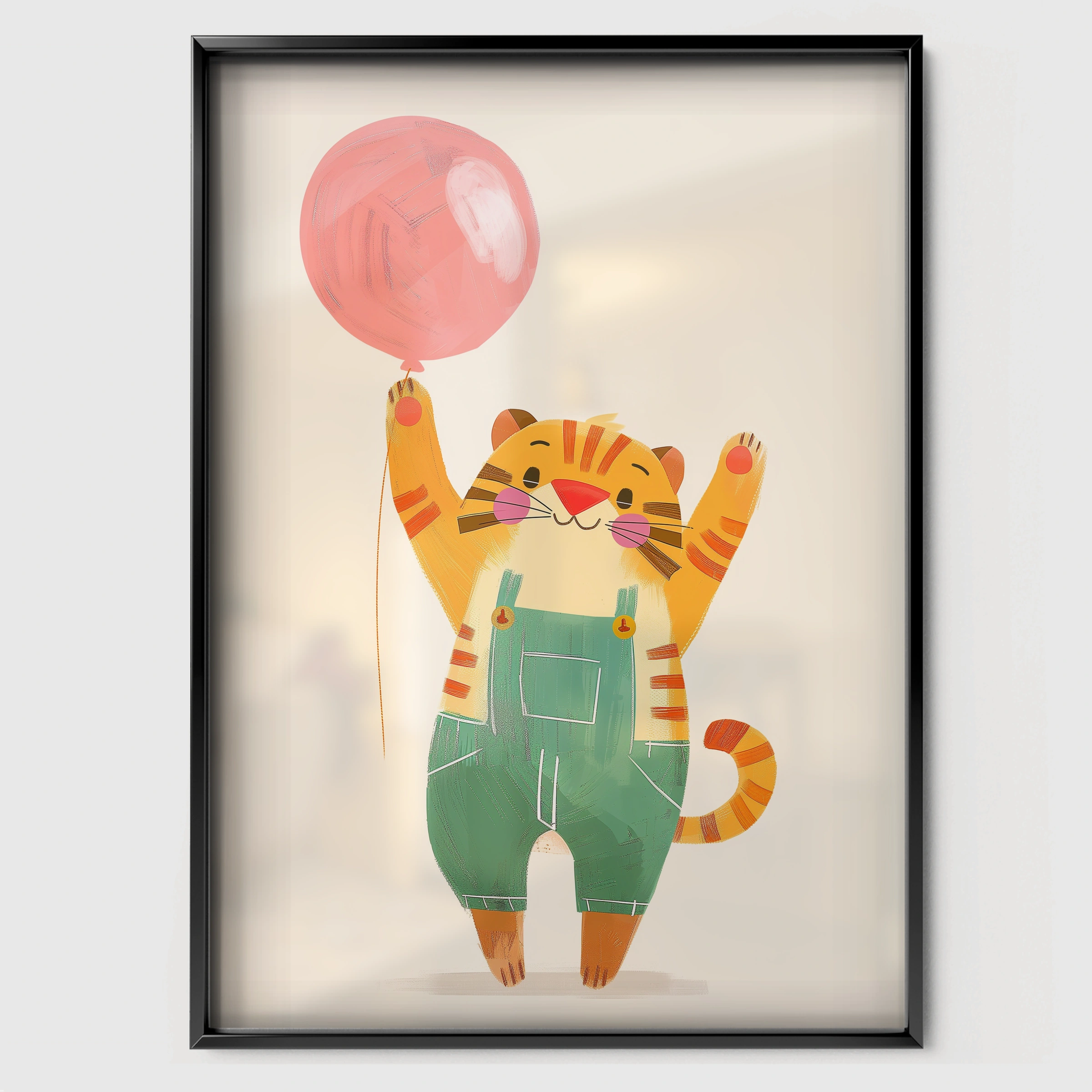 Tiger with a Balloon Nursery Print - black framed nursery wall art print