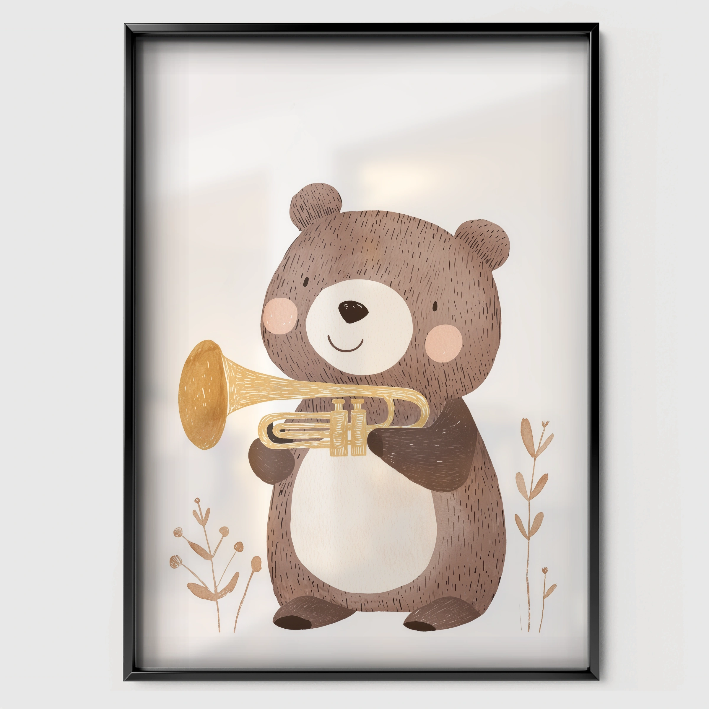 Trumpet Bear Nursery Print - black framed nursery wall art print