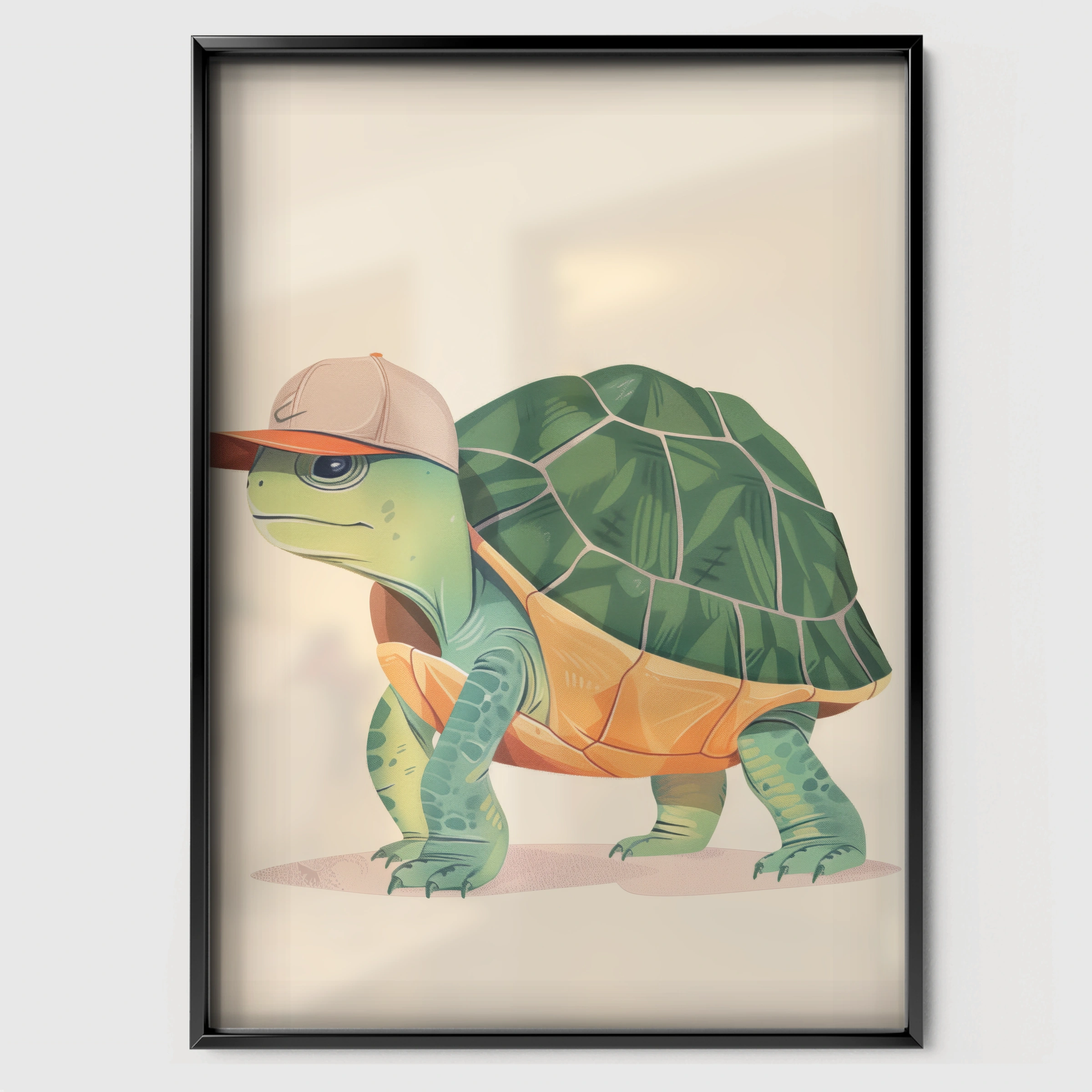 Turtle with a Cap Nursery Print - black framed nursery wall art print