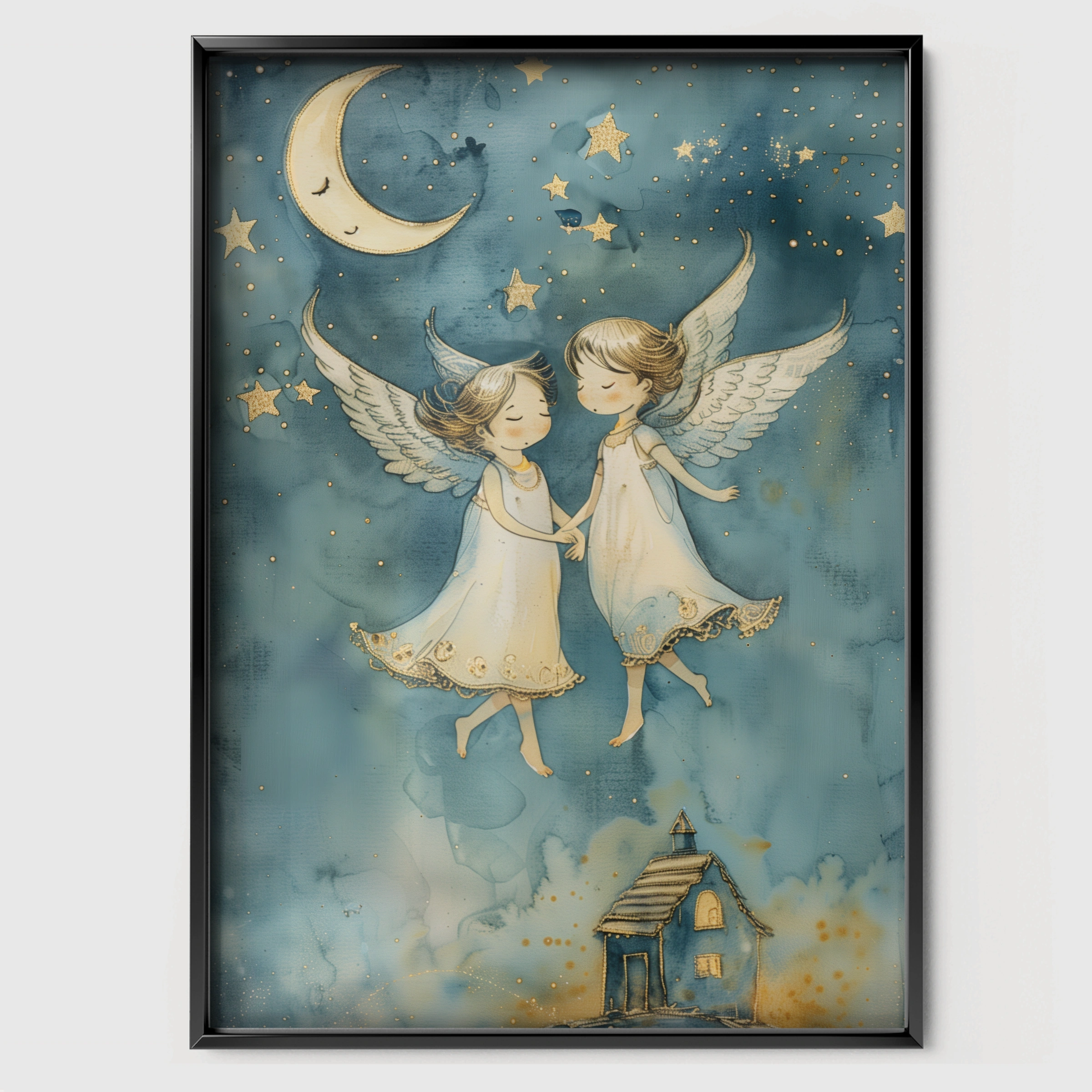 Two Angels Nursery Print - black framed nursery wall art print