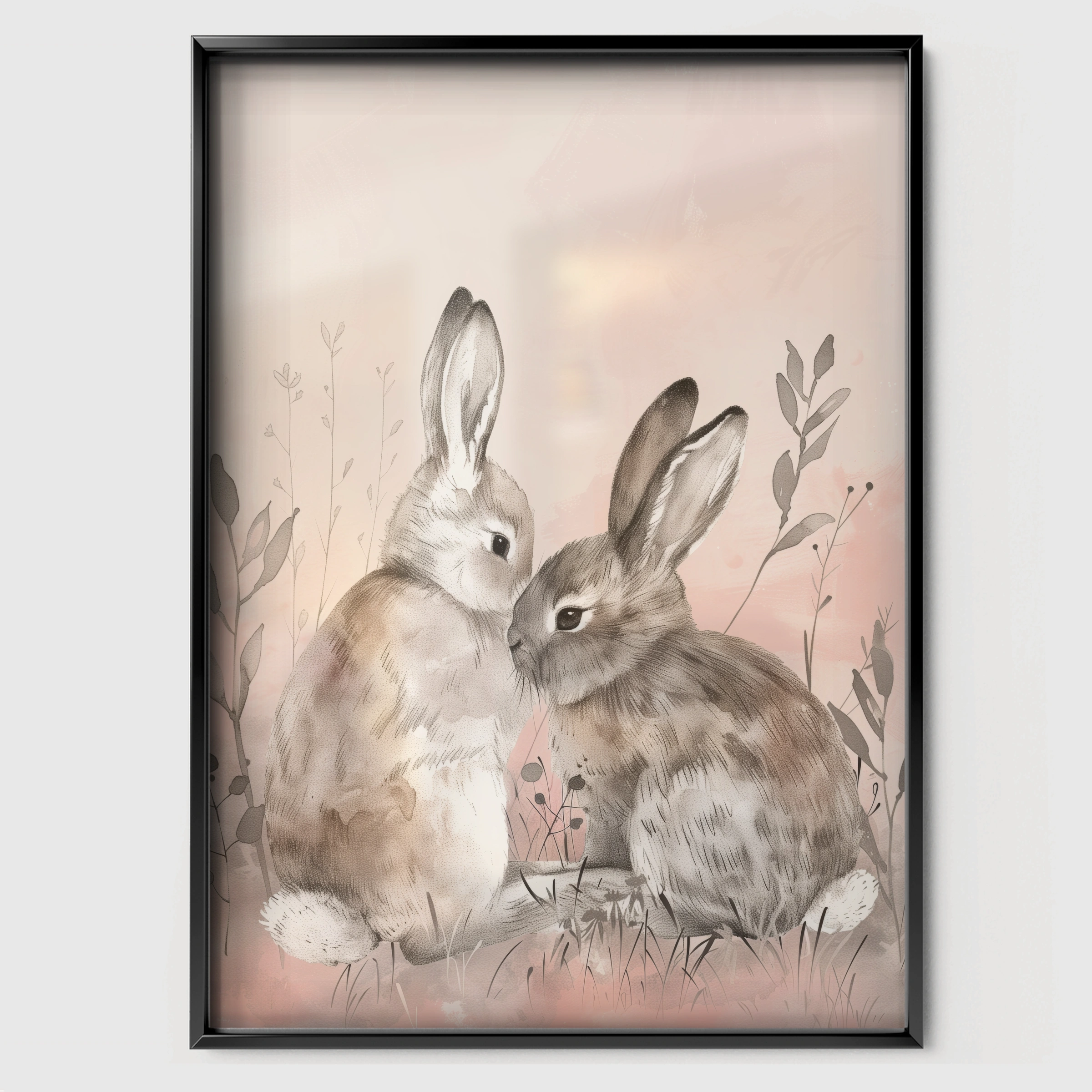 Two Bunnies in Love Nursery Print - black framed nursery wall art print