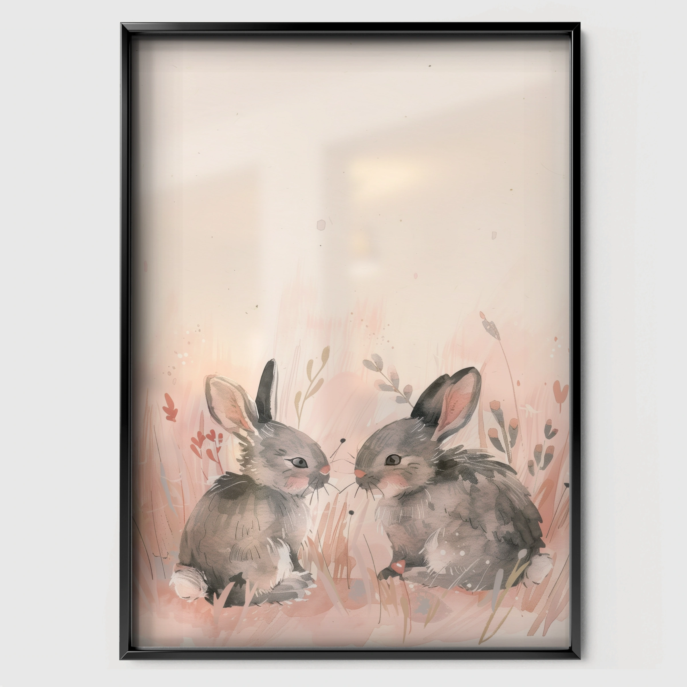 Two Bunnies Nursery Print - black framed nursery wall art print