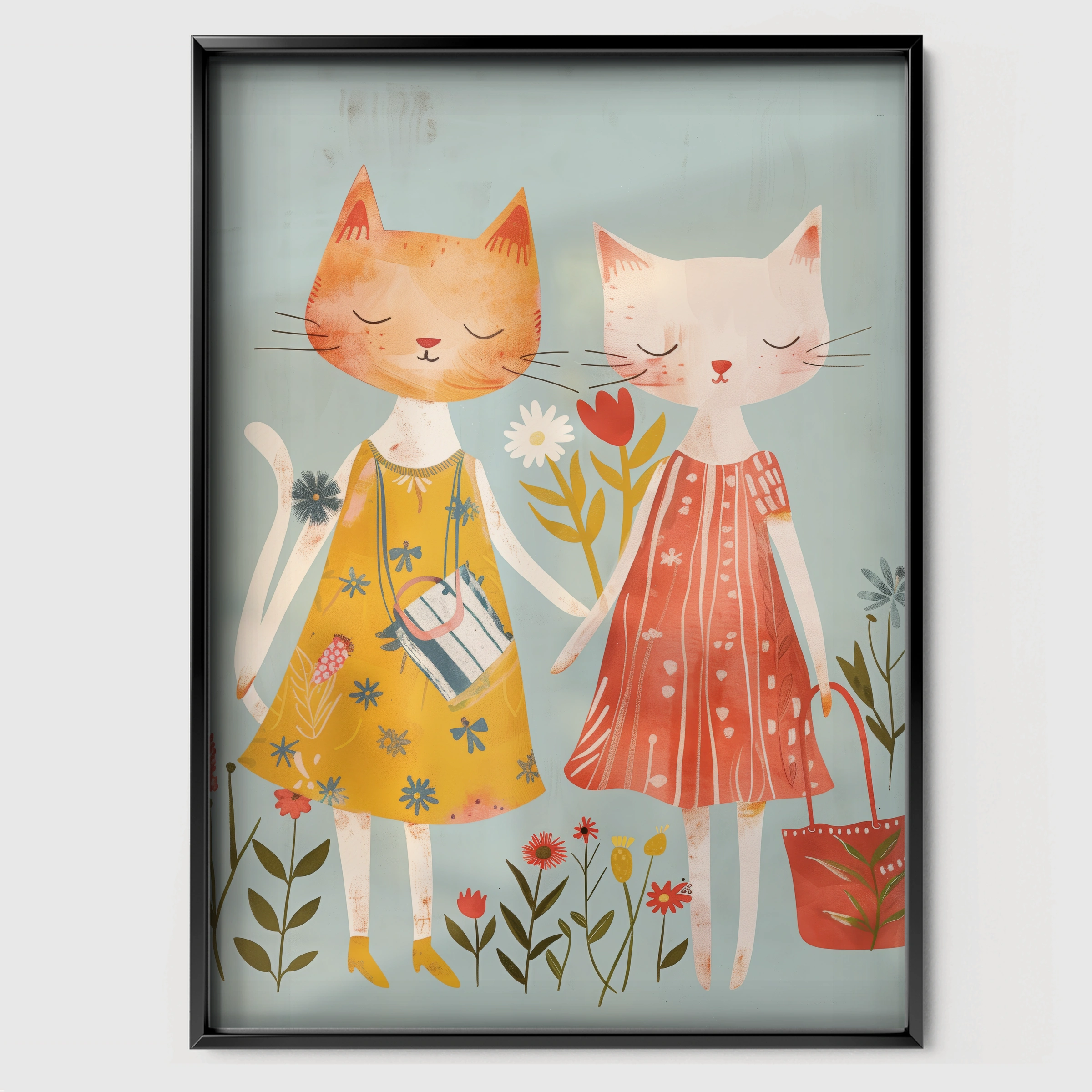 Two Cats in Dresses Nursery Print - black framed nursery wall art print