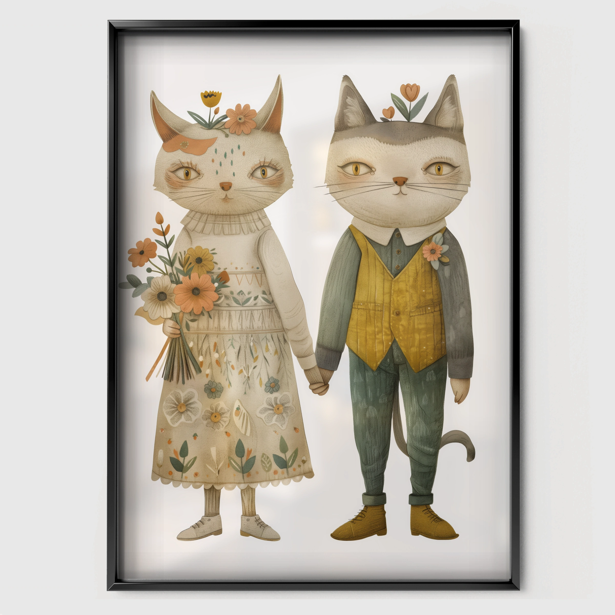Two Dressed Cats Nursery Print - black framed nursery wall art print