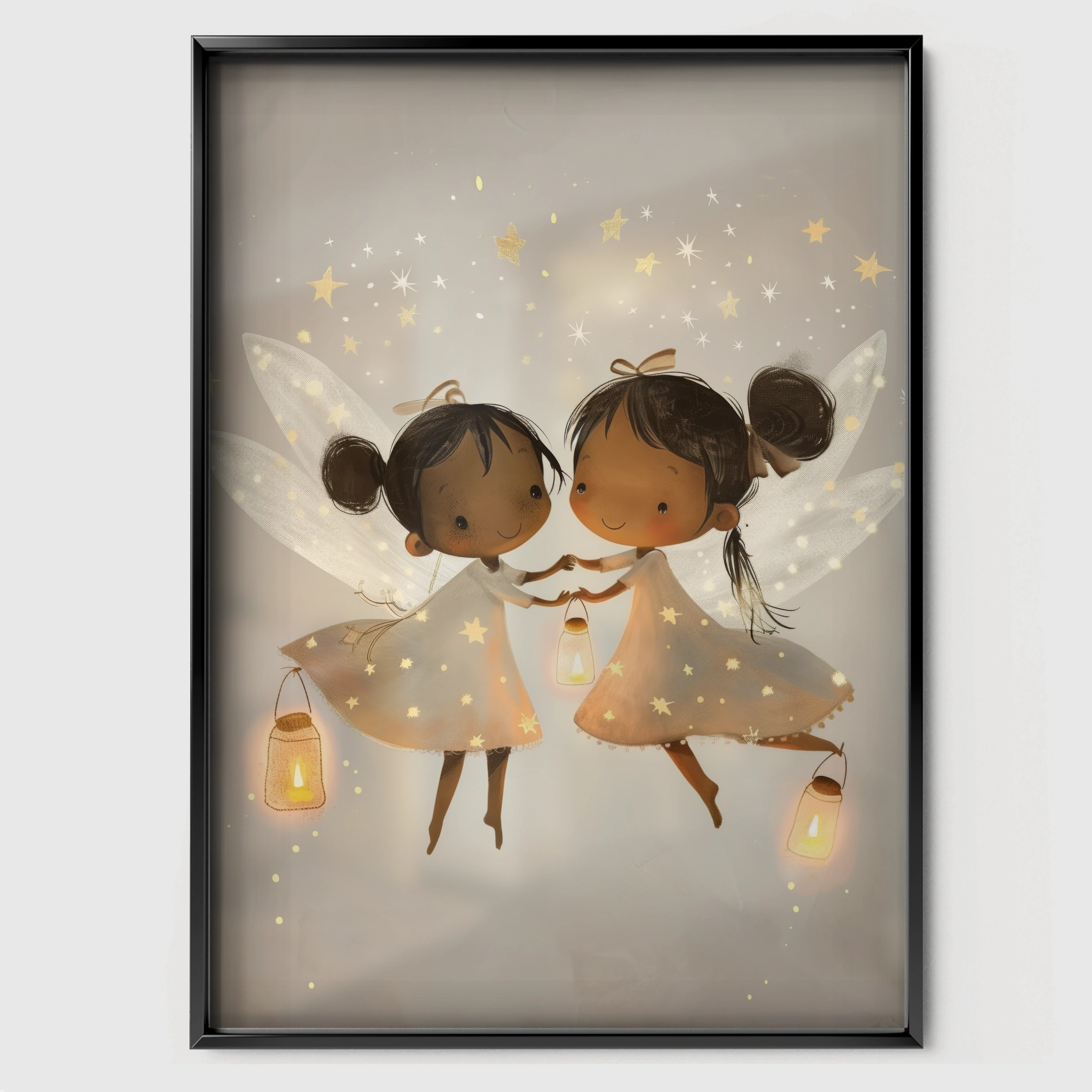 Two Fairies with Lanterns Nursery Print - black framed nursery wall art print